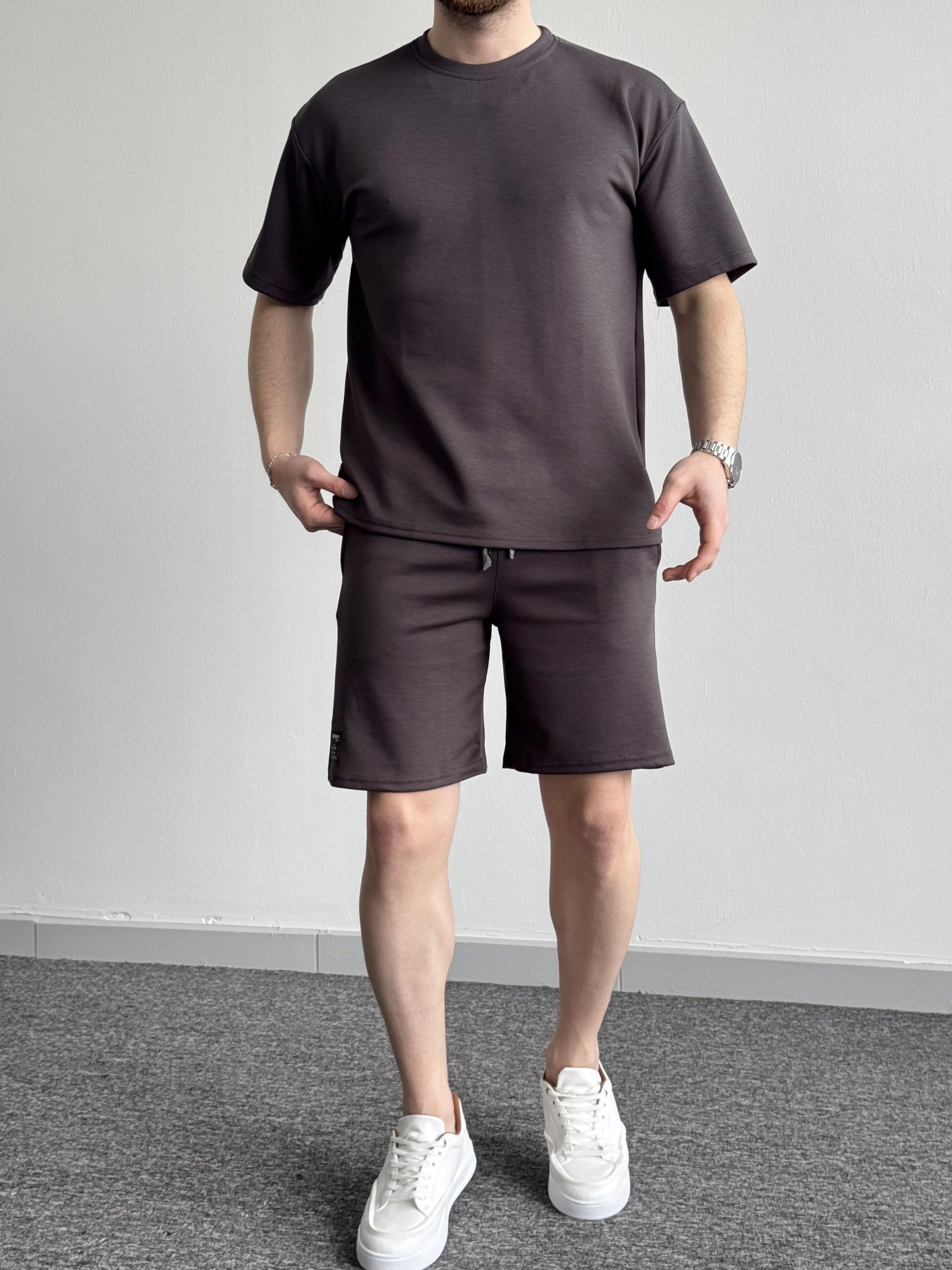 Erkek Premium Kalite Bisiklet Yaka T-Shirt Şort Takım-Antrasit(E1353)Ketench