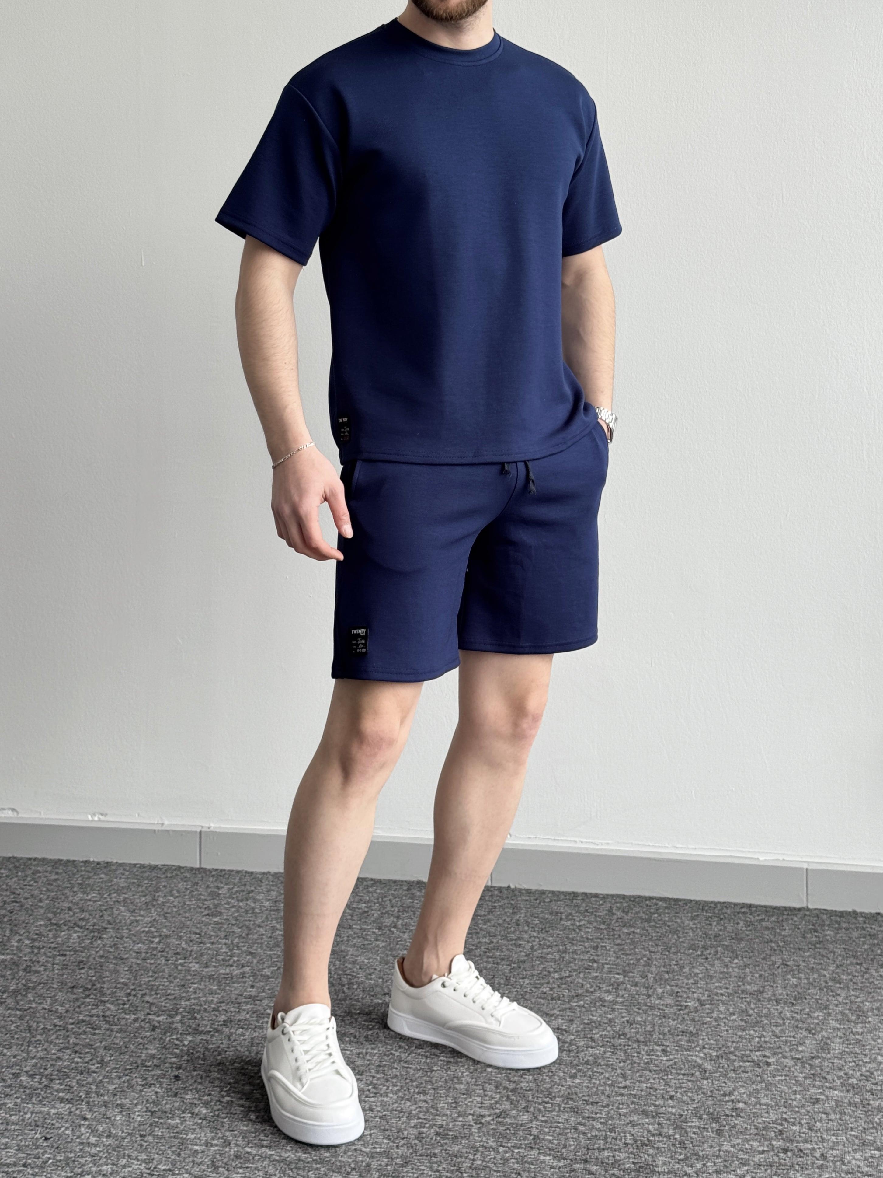 Erkek Premium Kalite Bisiklet Yaka T-Shirt Şort Takım-Lacivert(E1353)Ketench