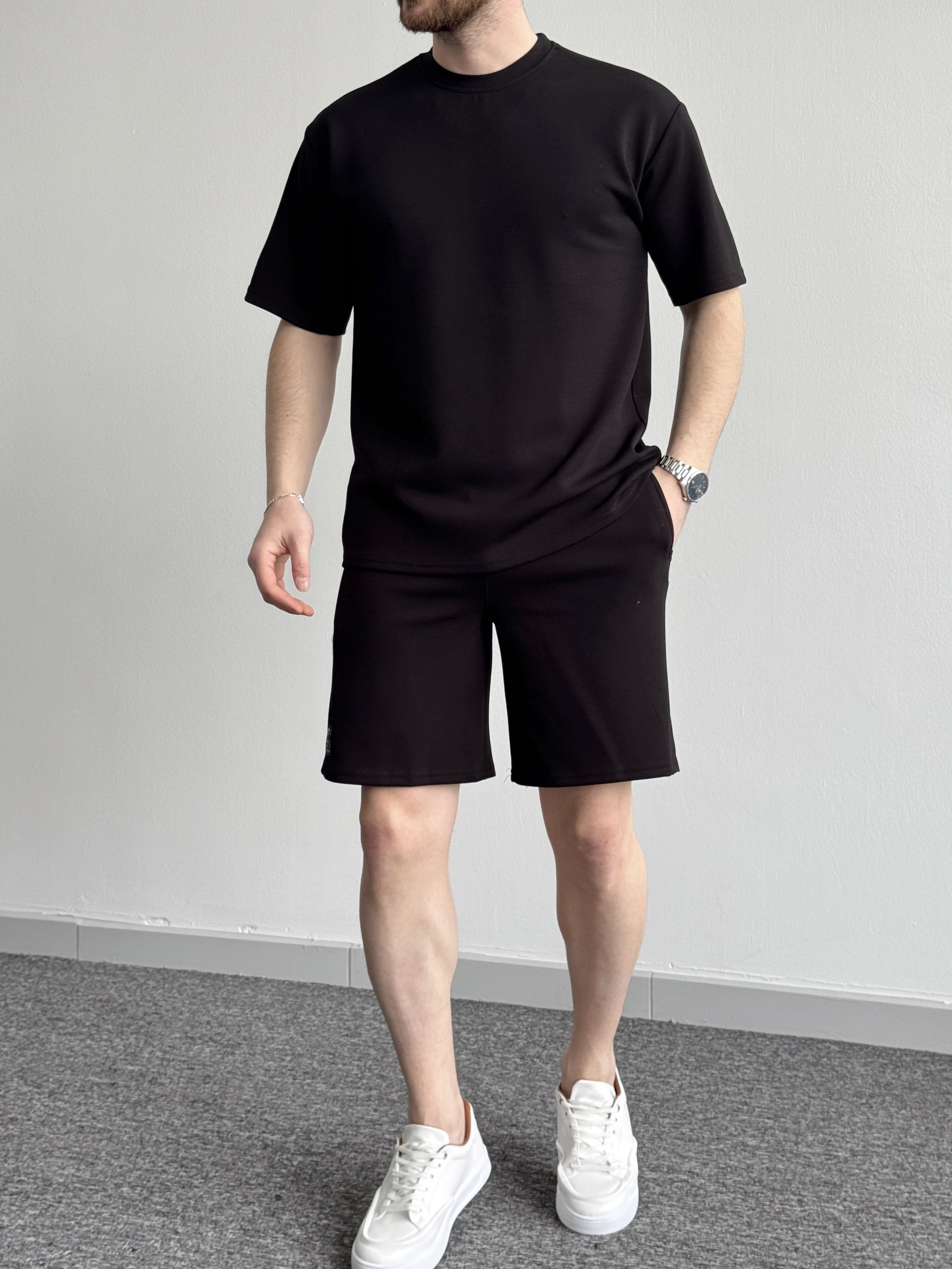 Erkek Premium Kalite Bisiklet Yaka T-Shirt Şort Takım-Siyah(E1353)Ketench
