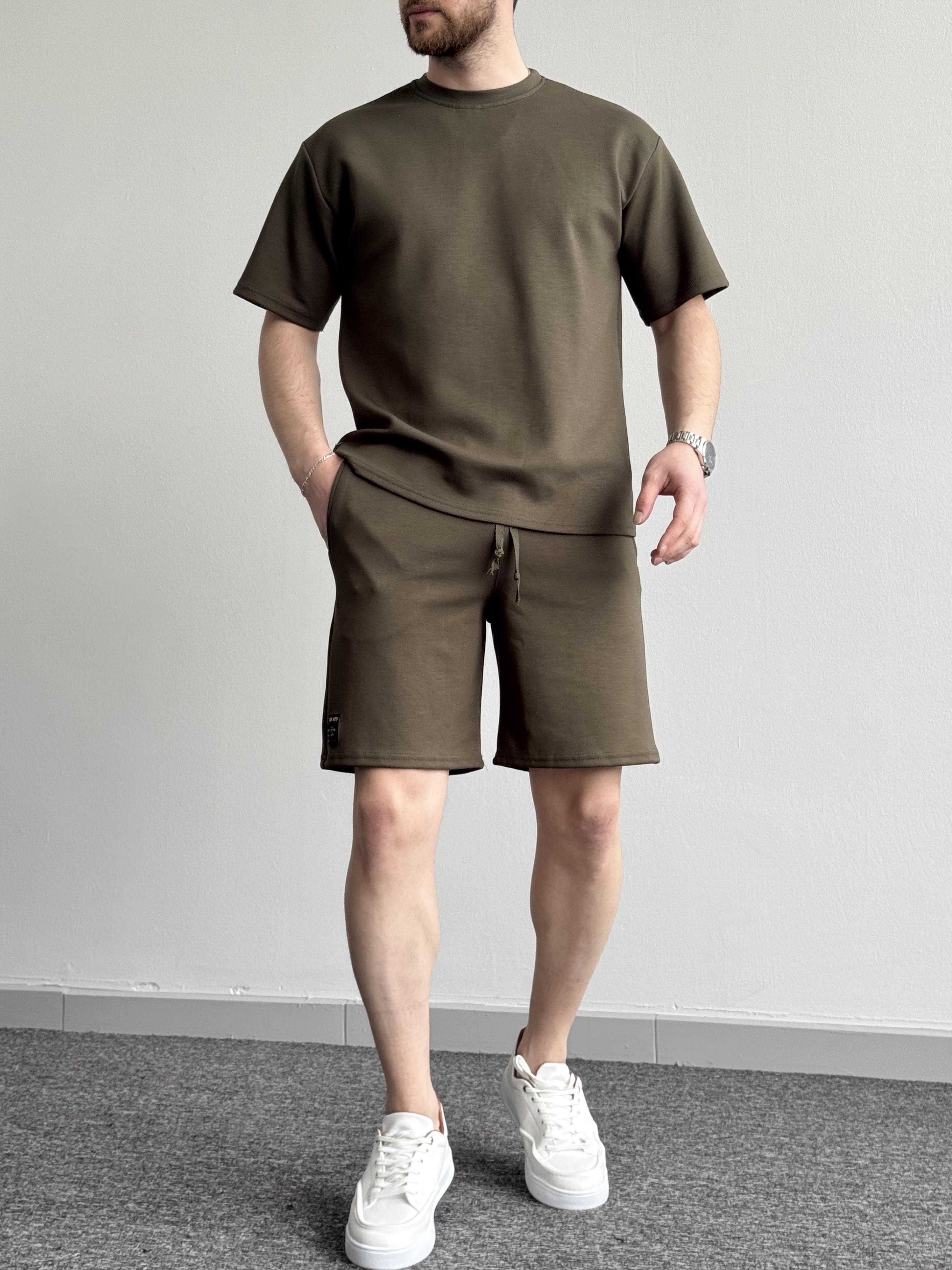 Erkek Premium Kalite Bisiklet Yaka T-Shirt Şort Takım-Haki(E1353)Ketench