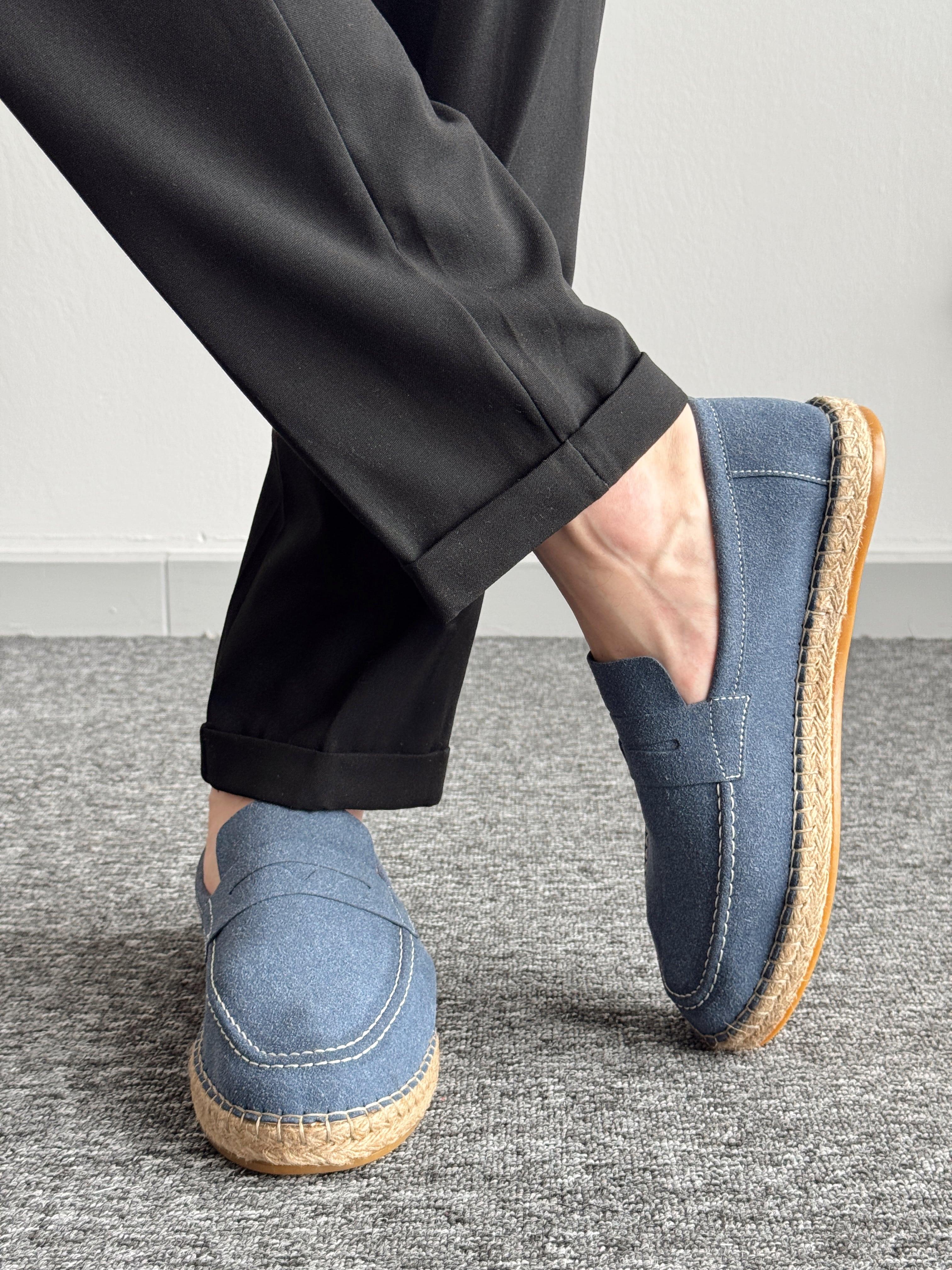 Erkek Premium Kalite Hasır Tabanlı Süet Loafer Ayakkabı-Mavi(E1347)Ketench