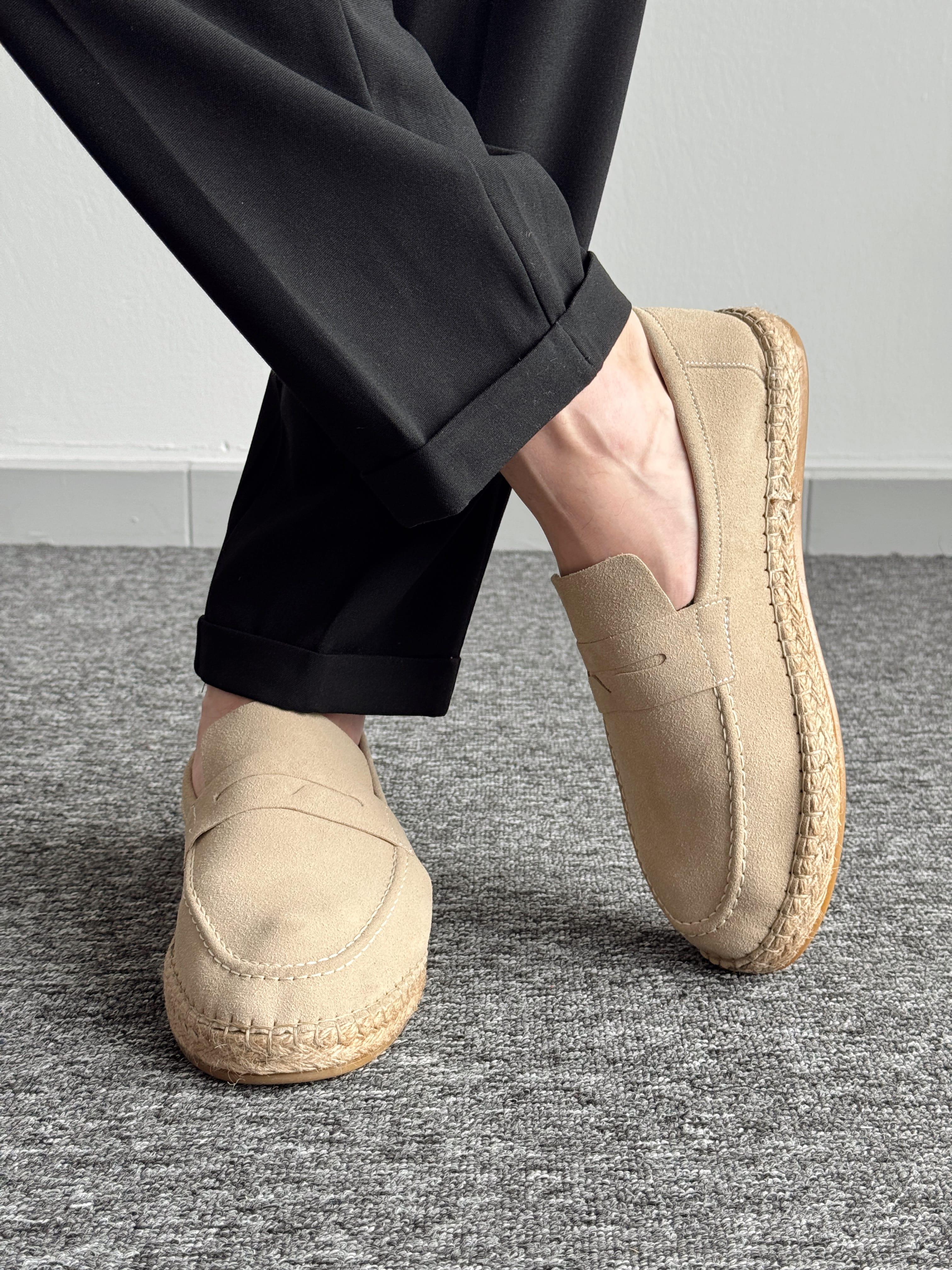 Erkek Premium Kalite Hasır Tabanlı Süet Loafer Ayakkabı-Krem(E1347)Ketench