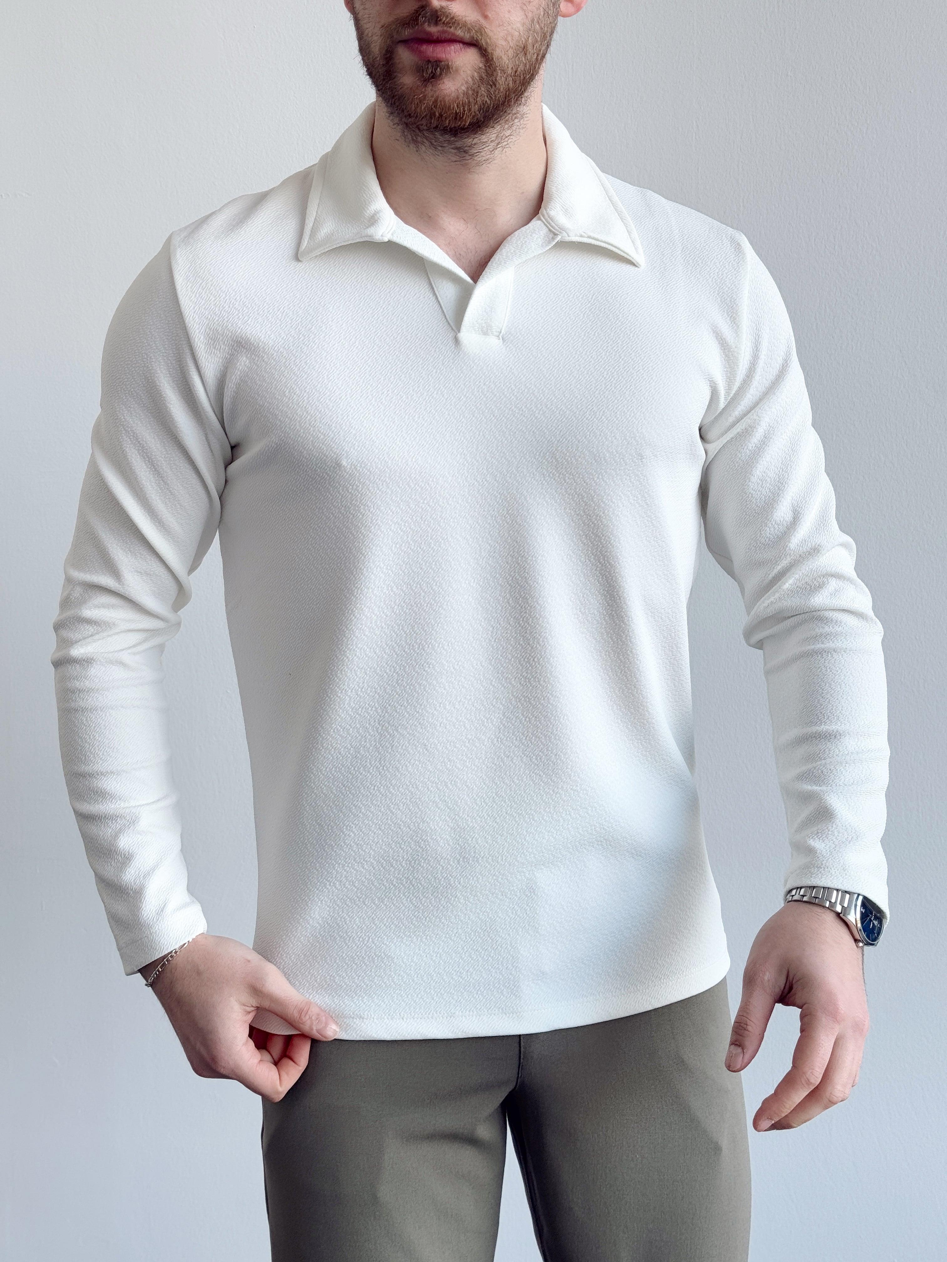 Erkek Premium Kalite İçi Astarlı Oversize Kalıp Polo Yaka Kazak-Ekru(E1264)Ketench