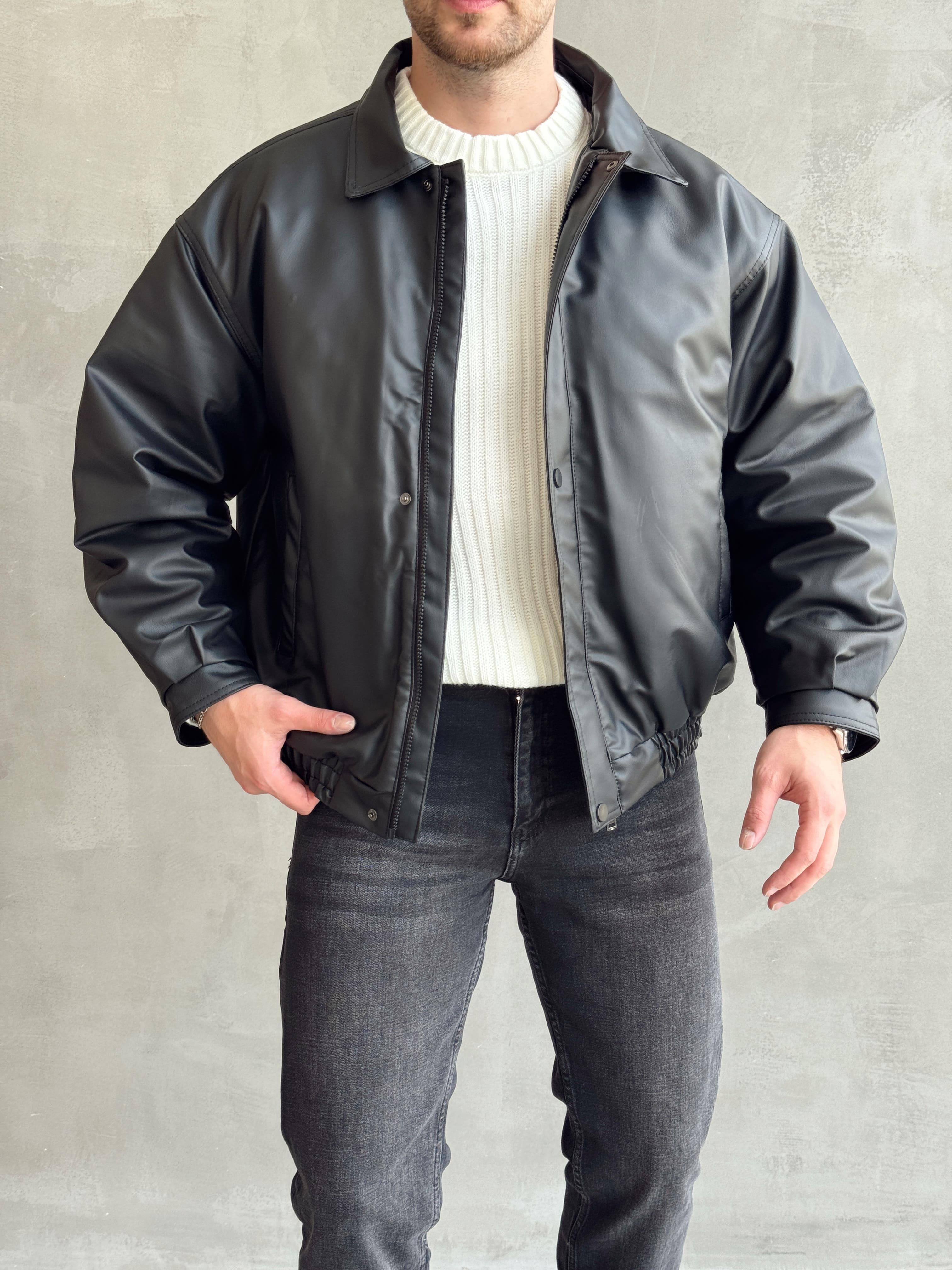 Erkek Premium Kalite Oversize Kalıp Astarlı Deri Bomber Ceket-Siyah(E1459)Ketench