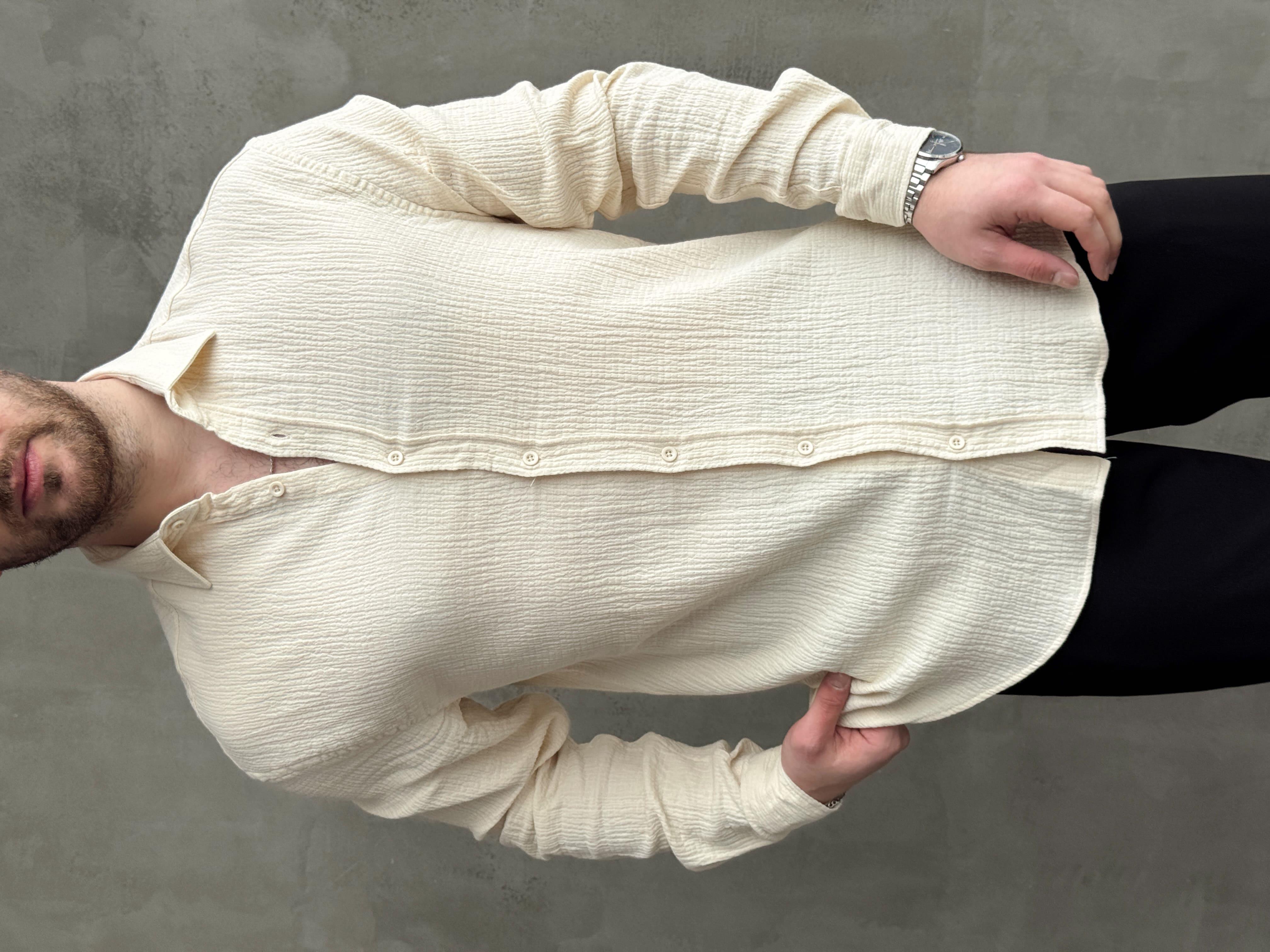 Erkek Premium Kalite Oversize Kalıp Gofre Model Müslin Kumaş Gömlek-Bej(E1633)Ketench