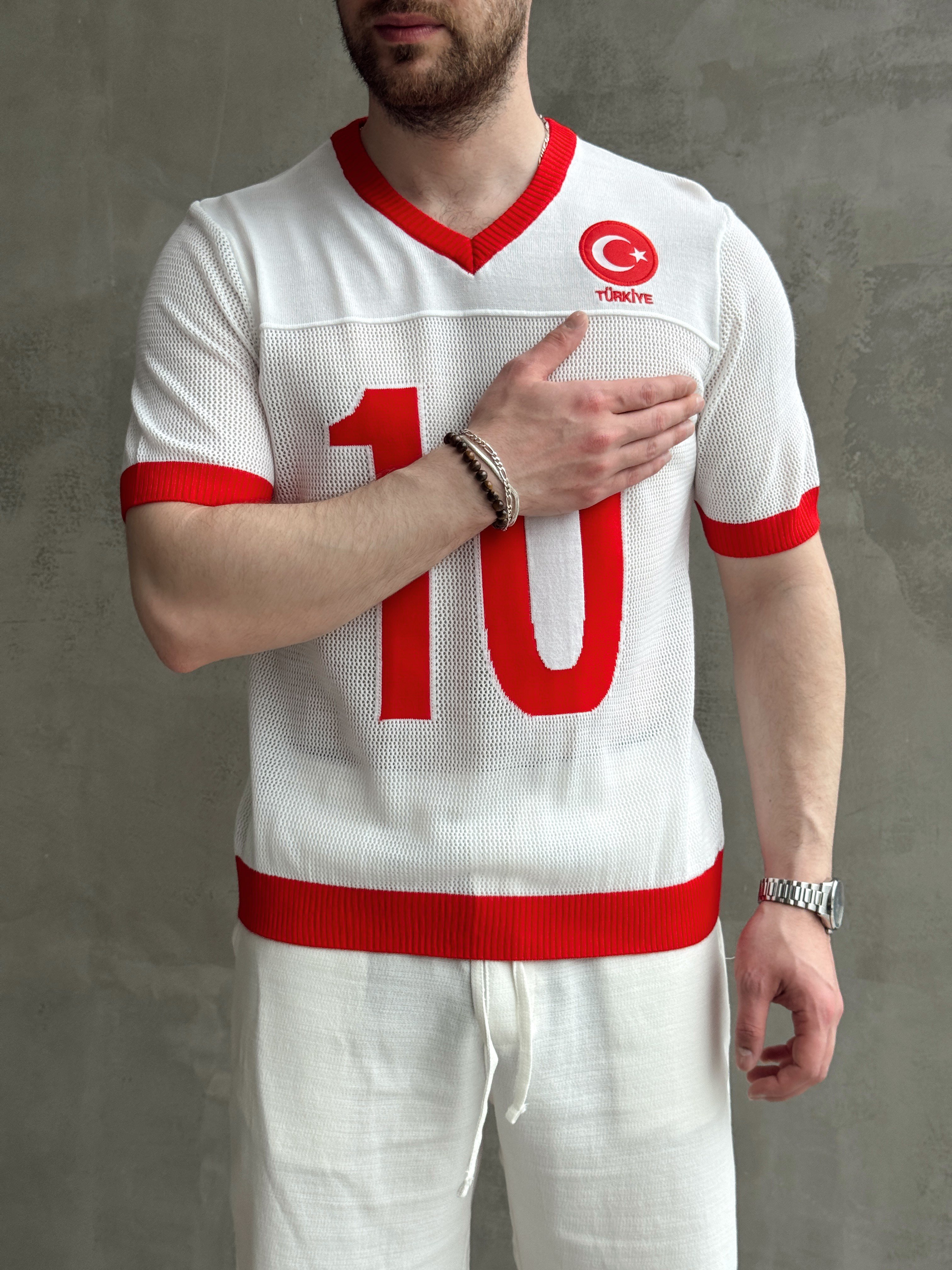 Erkek Premium Kalite Oversize Kalıp V Yaka Türkiye Nakışlı Triko T-Shirt-Kırmızı/Beyaz(E1668)Ketench