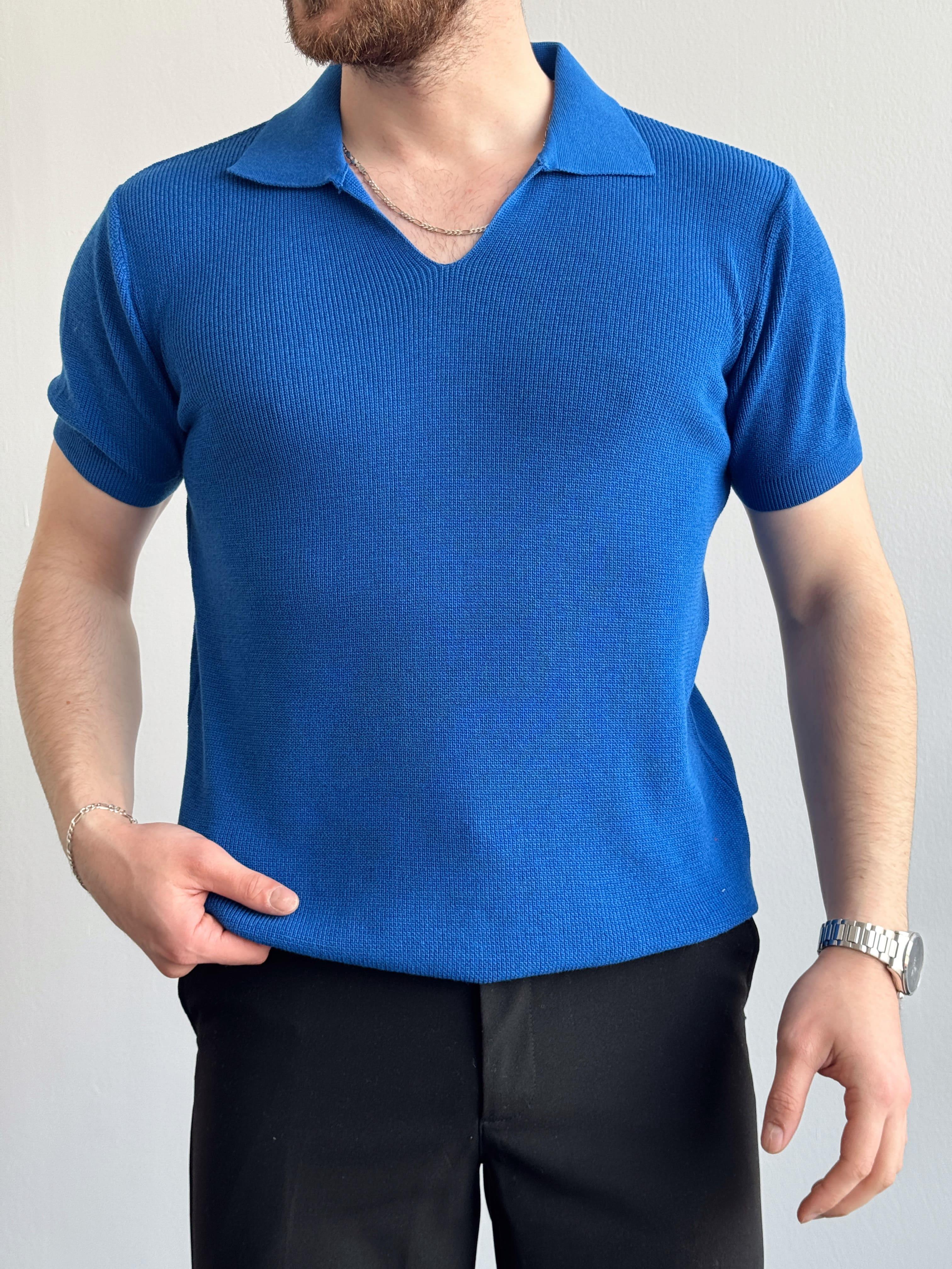 Erkek Premium Kalite Oversize Kalıp V Yaka Triko T-Shirt-Saks(E1358)Ketench