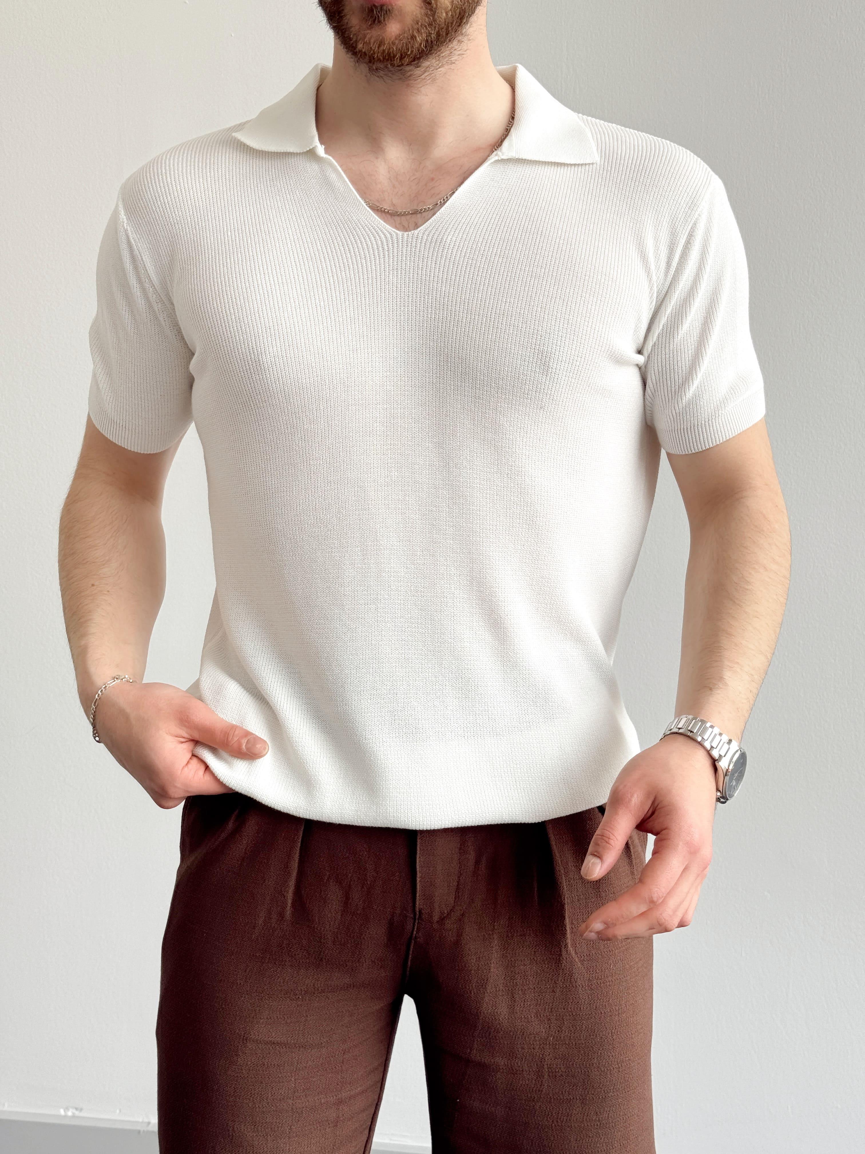 Erkek Premium Kalite Oversize Kalıp V Yaka Triko T-Shirt-Beyaz(E1358)Ketench
