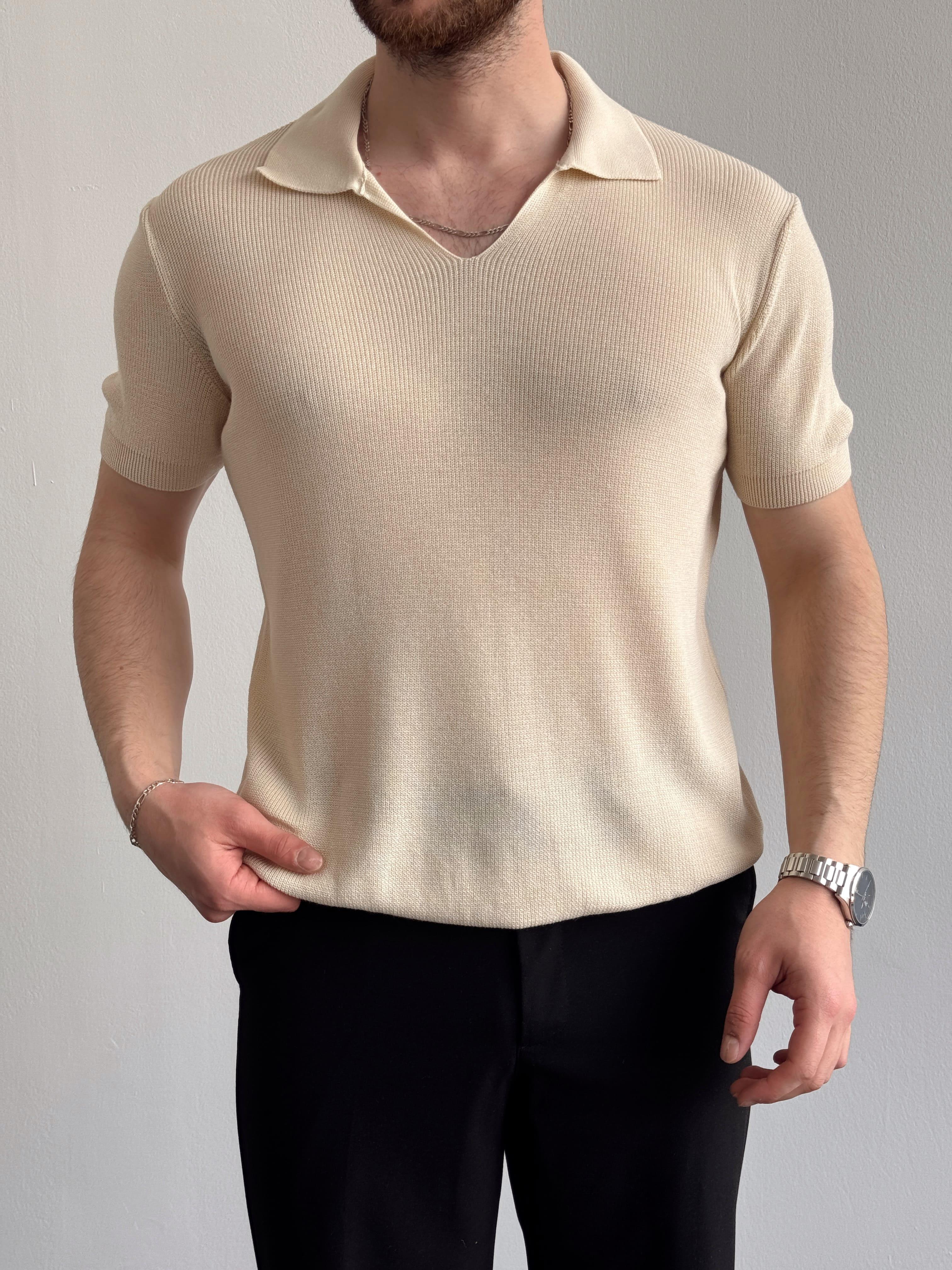 Erkek Premium Kalite Oversize Kalıp V Yaka Triko T-Shirt-Bej(E1358)Ketench