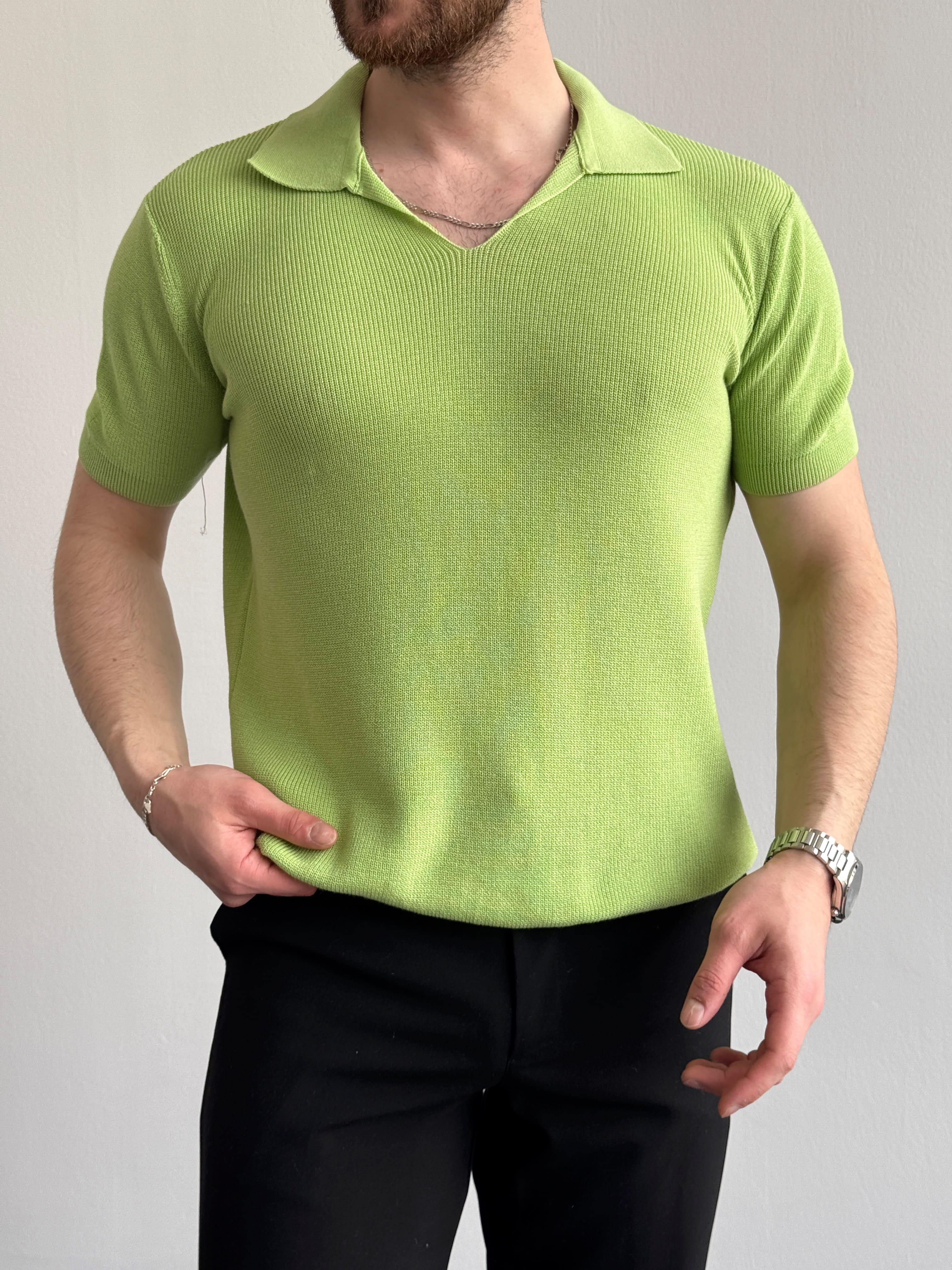 Erkek Premium Kalite Oversize Kalıp V Yaka Triko T-Shirt-Yeşil(E1358)Ketench