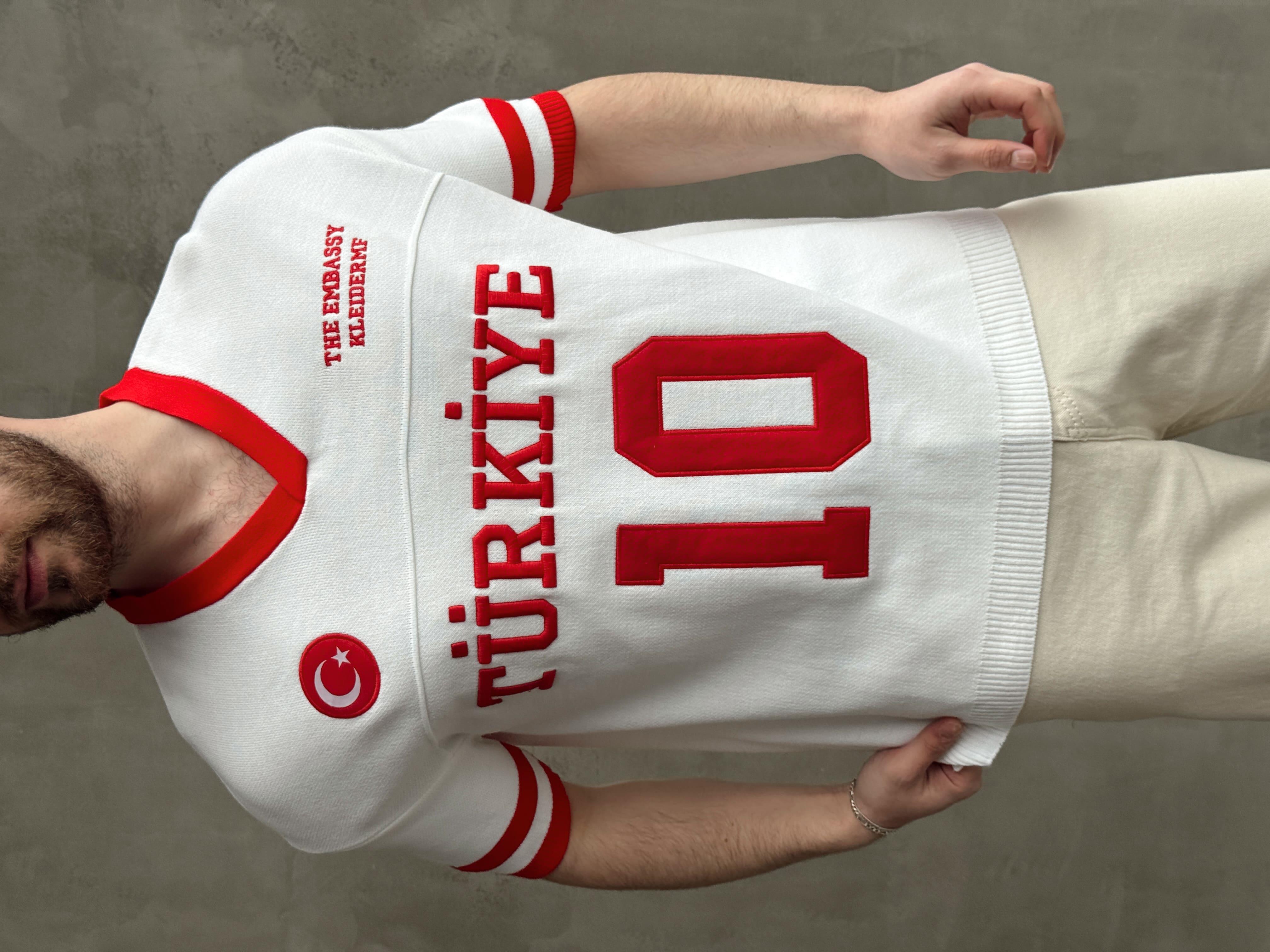 Erkek Premium Kalite Oversize Kalıp V Yaka Türkiye Nakışlı Triko T-Shirt-Beyaz(E1668)Ketench