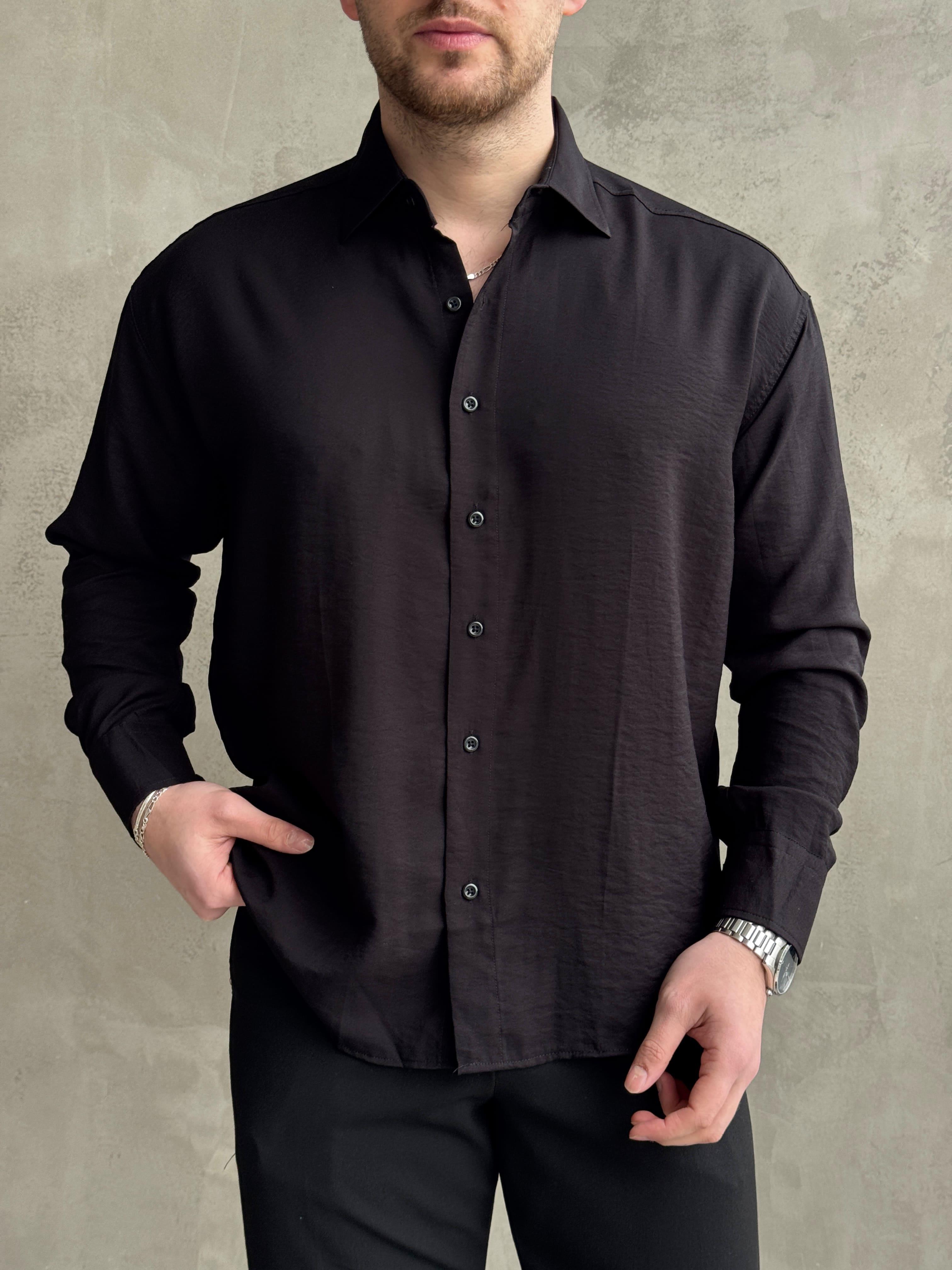 Erkek Premium Kalite Oversize Kalıp Viskon Keten Karışımlı Gömlek-Siyah(E1597)Ketench