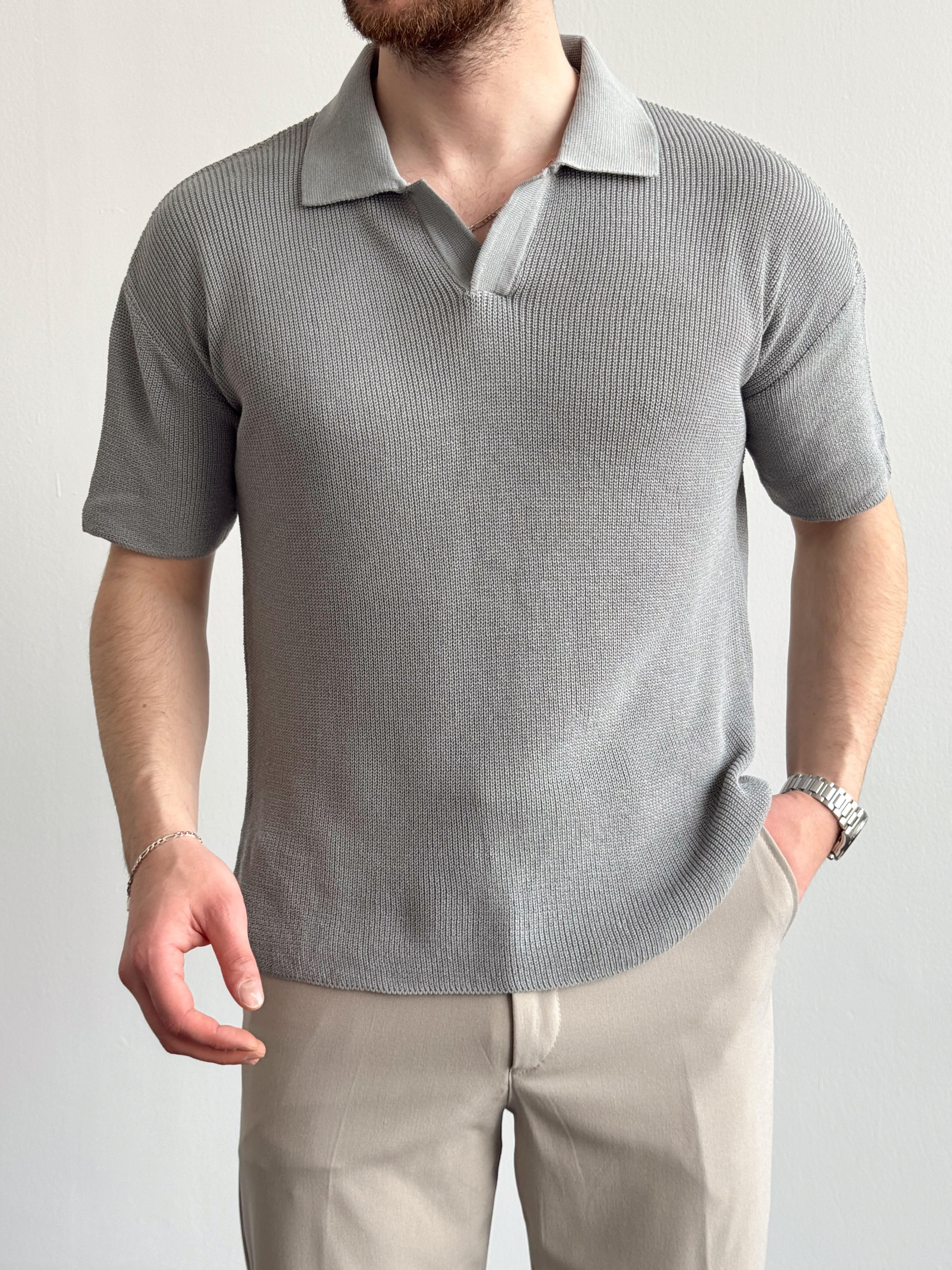 Erkek Premium Kalite Polo Yaka Oversize Kalıp Triko T-Shirt-Gri(E1357)Ketench