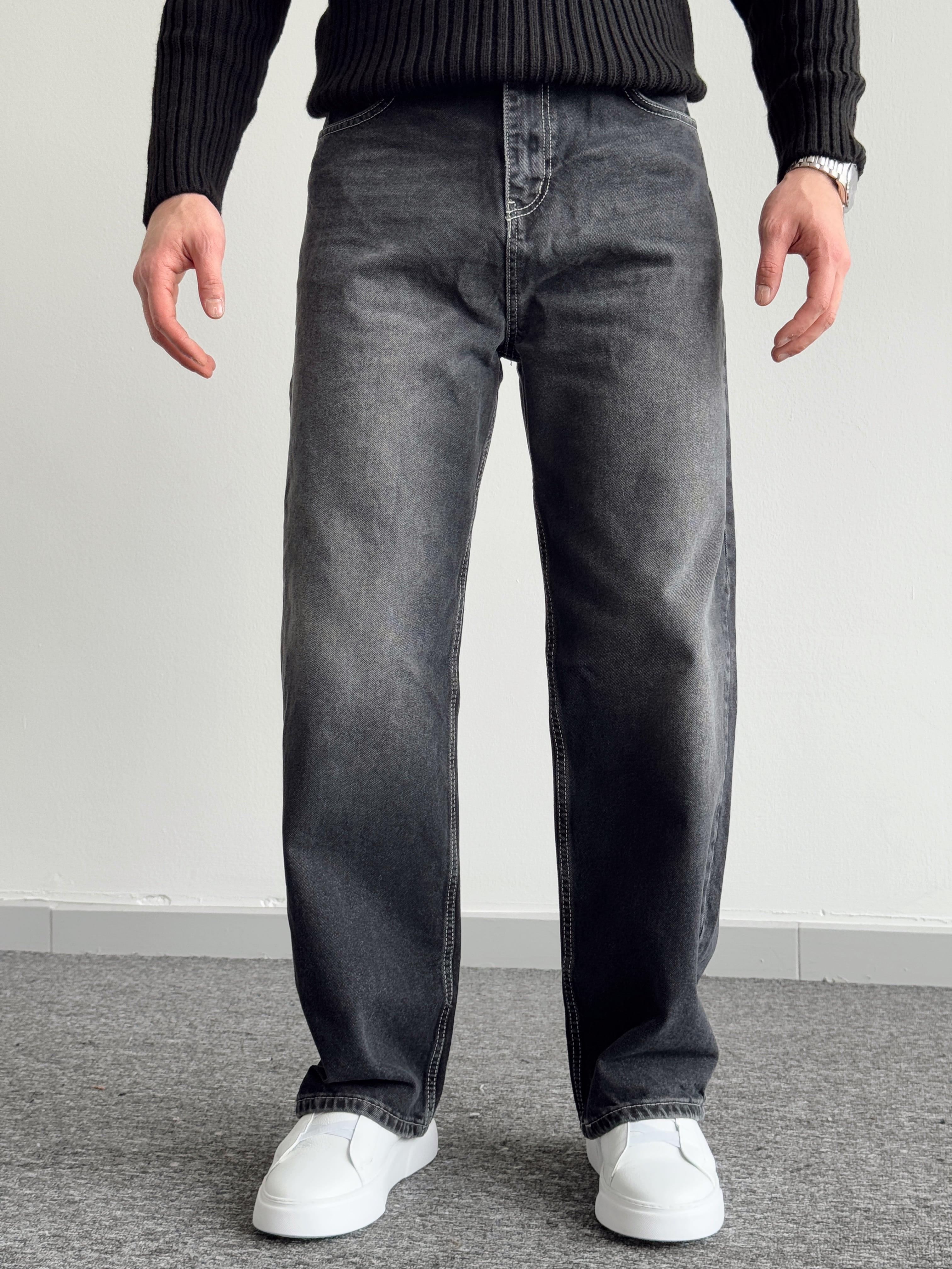 Erkek Premium Kalite Relax Baggy Bol Kalıp Kot Pantolon Jeans-Beyaz Dikiş(E1246)Ketench