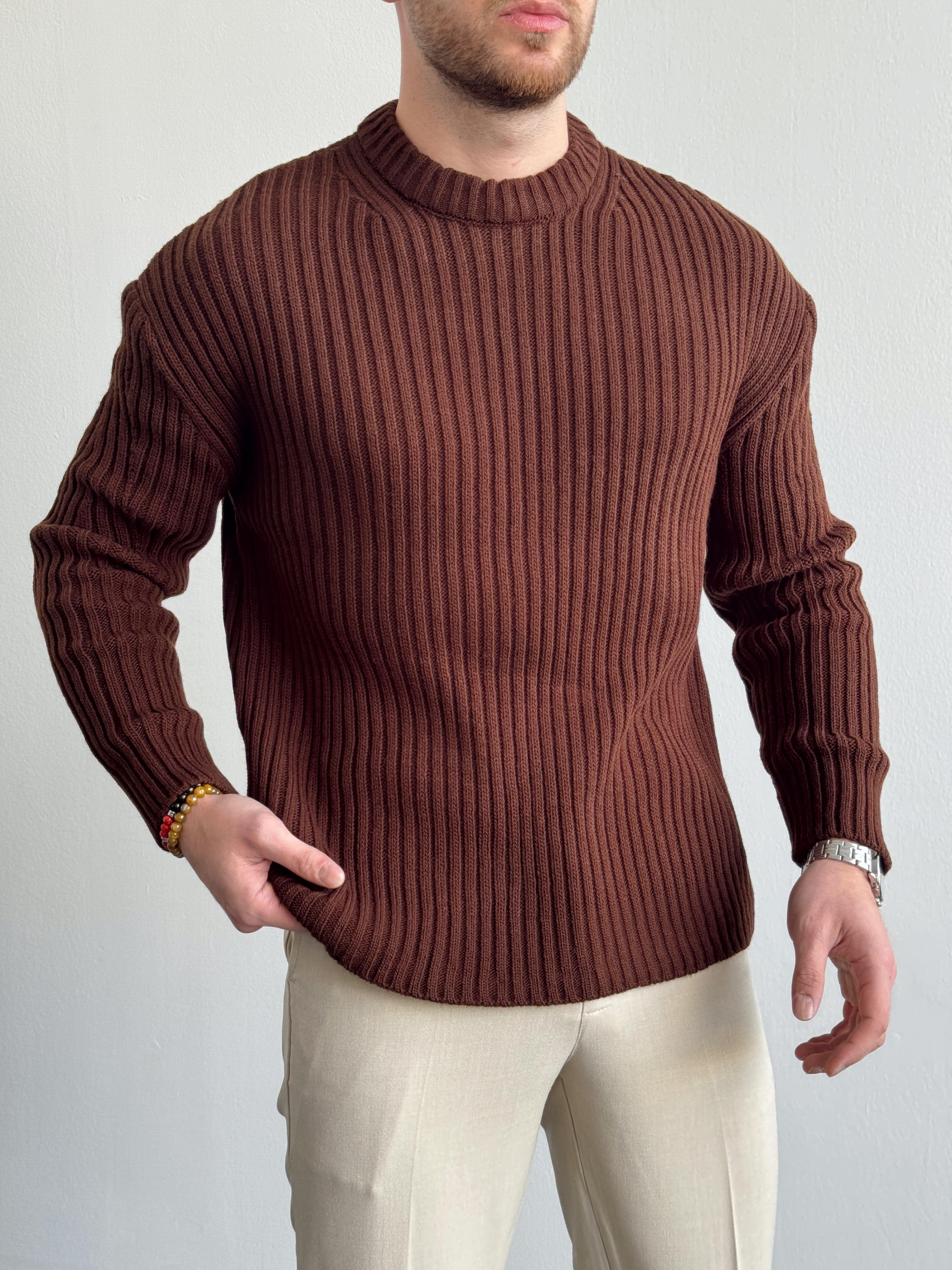Erkek Premium Kalite Selanik Örgüsü Bisiklet Yaka Oversize Triko Kazak-Kahverengi(E1201)Ketench