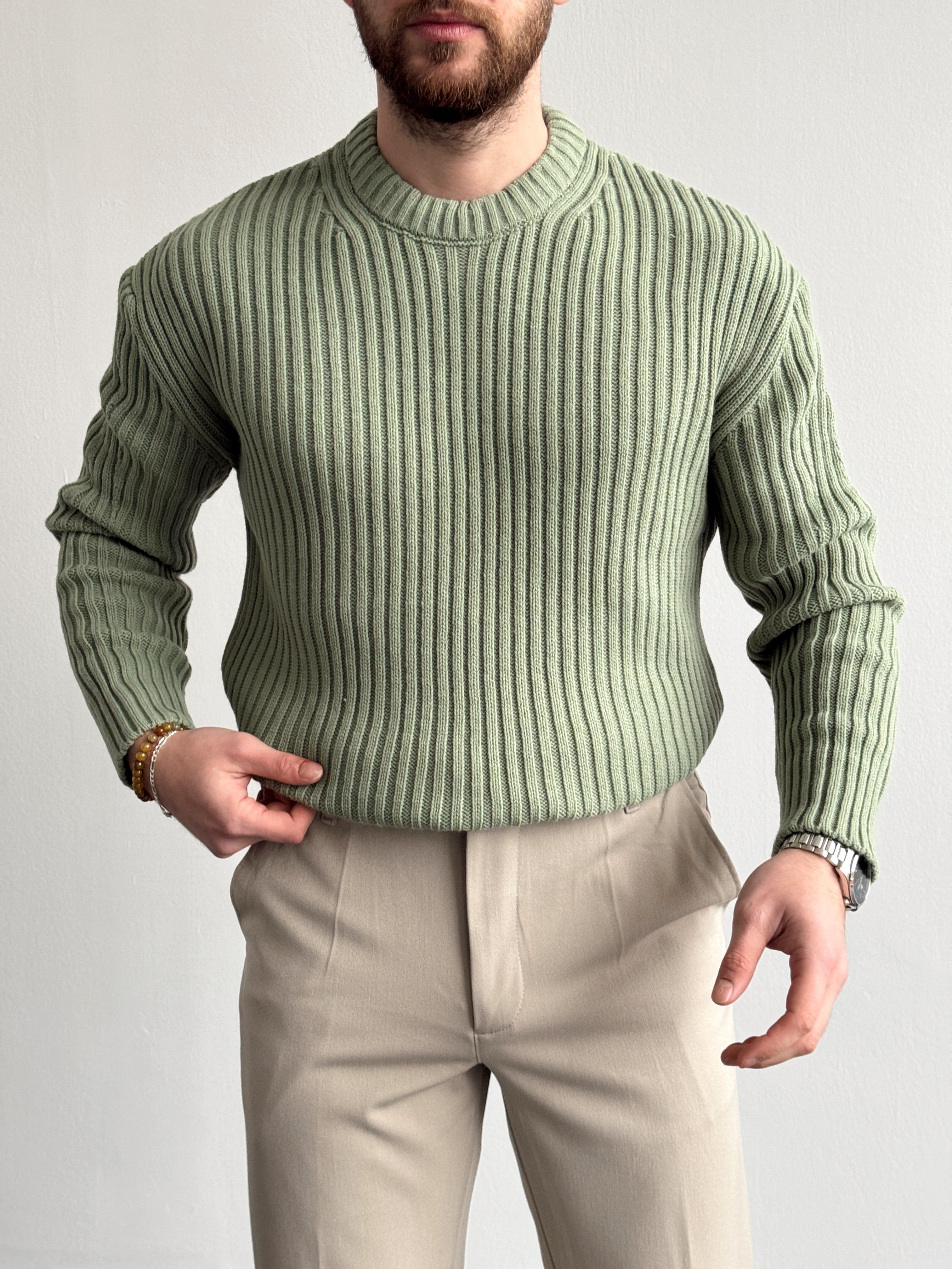 Erkek Premium Kalite Selanik Örgüsü Bisiklet Yaka Oversize Triko Kazak-Mint(E1201)Ketench