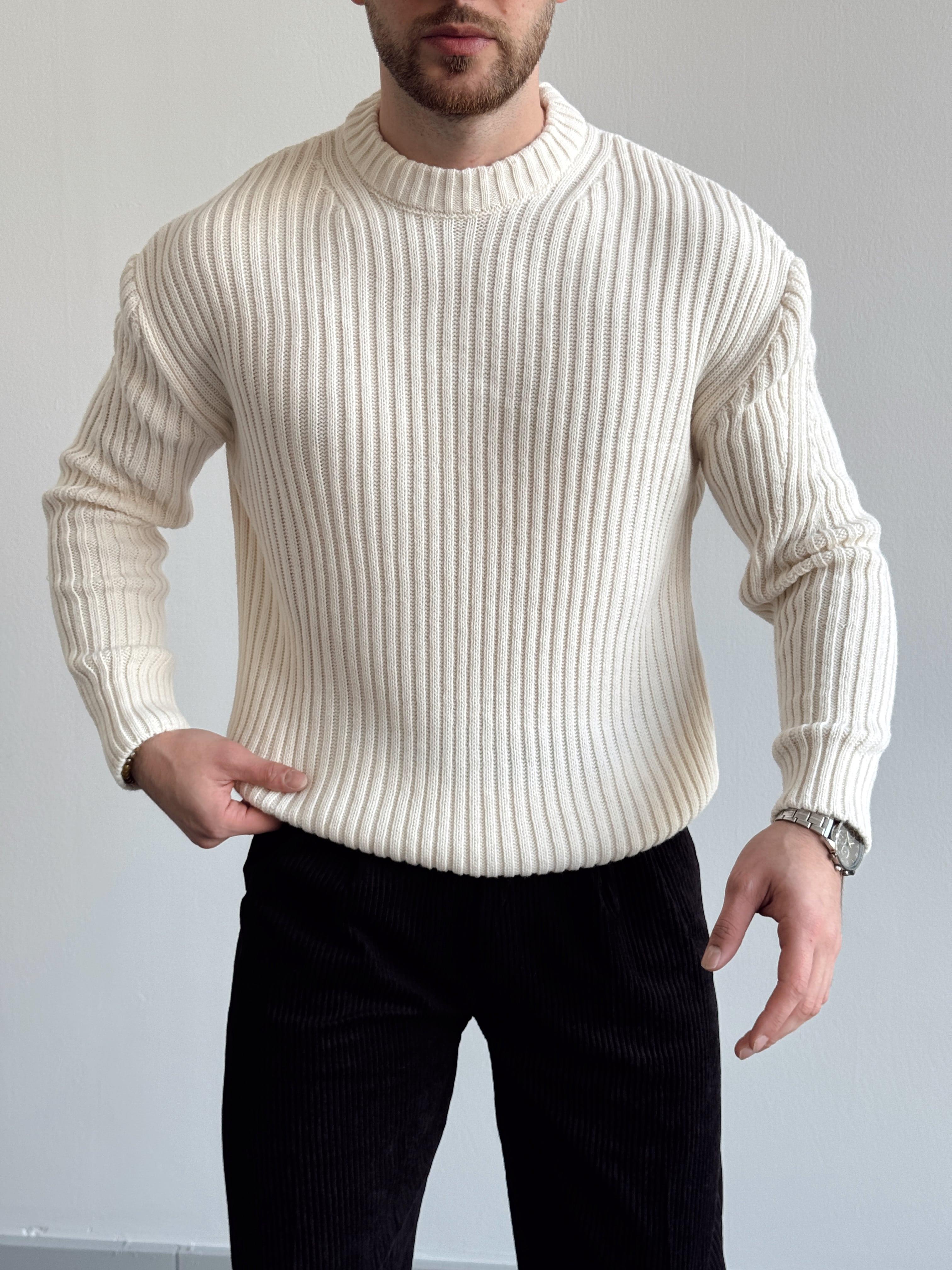 Erkek Premium Kalite Selanik Örgüsü Bisiklet Yaka Oversize Triko Kazak-Beyaz(E1201)Ketench