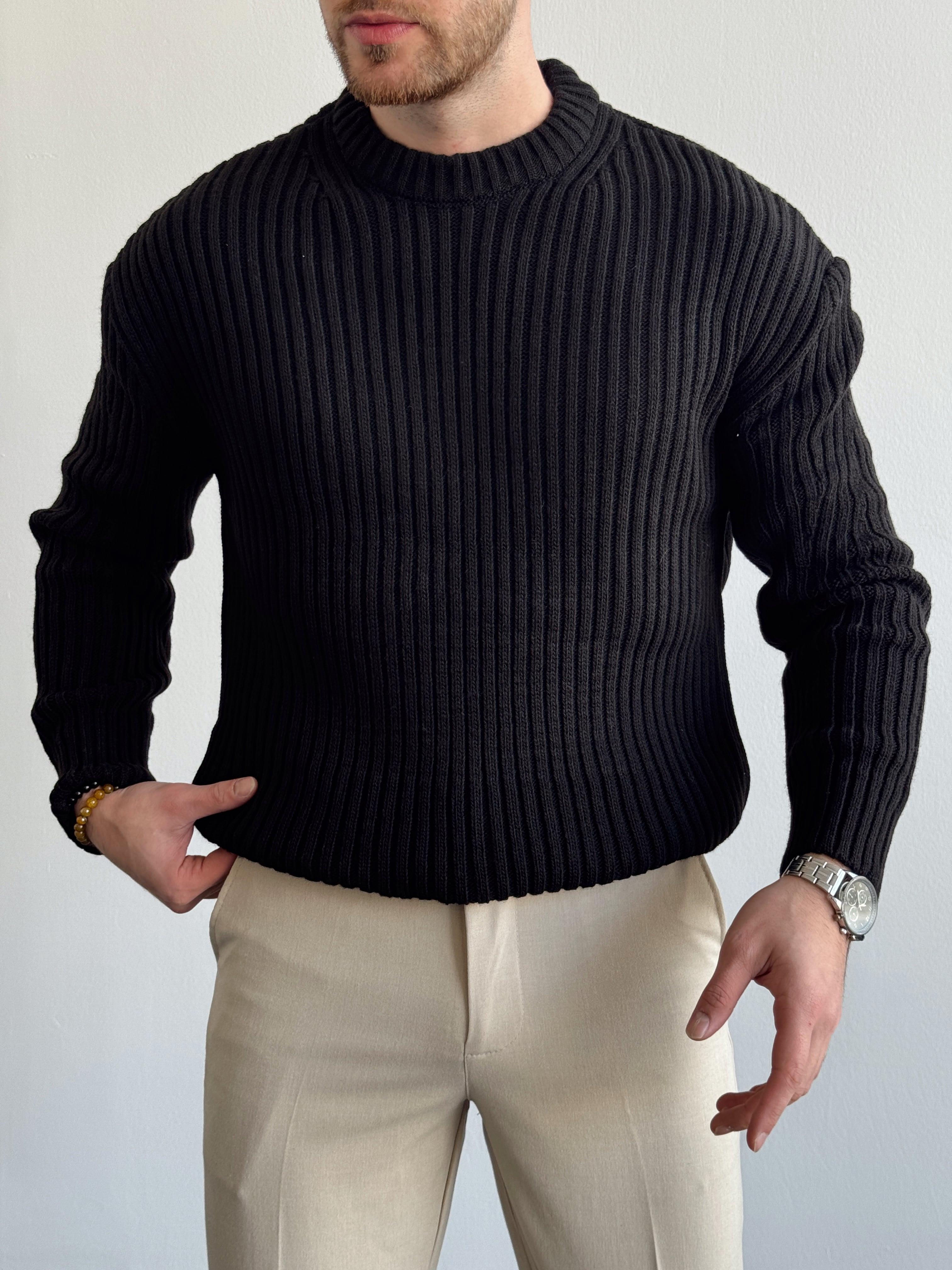 Erkek Premium Kalite Selanik Örgüsü Bisiklet Yaka Oversize Triko Kazak-Siyah(E1201)Ketench