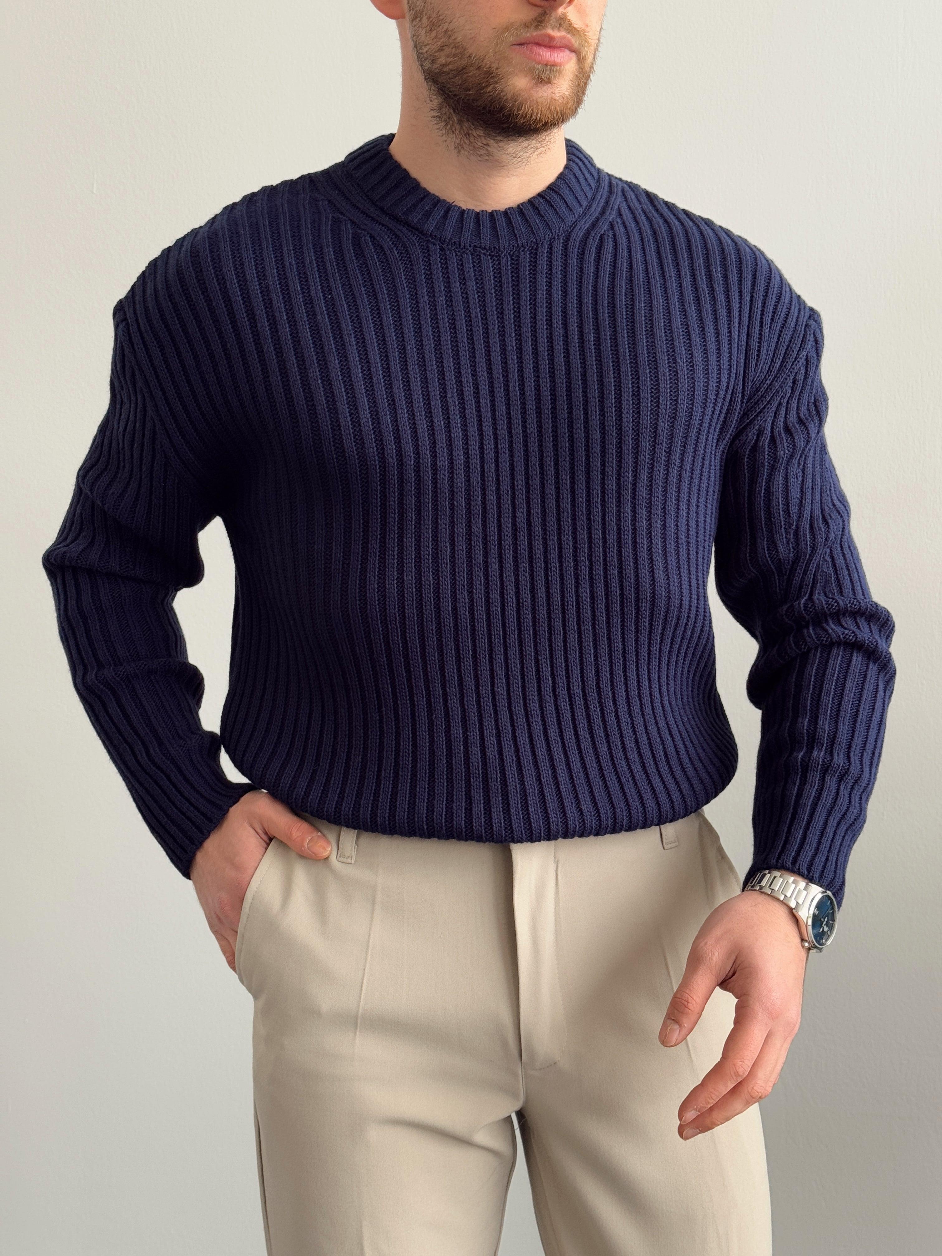 Erkek Premium Kalite Selanik Örgüsü Bisiklet Yaka Oversize Triko Kazak-Lacivert(E1201)Ketench