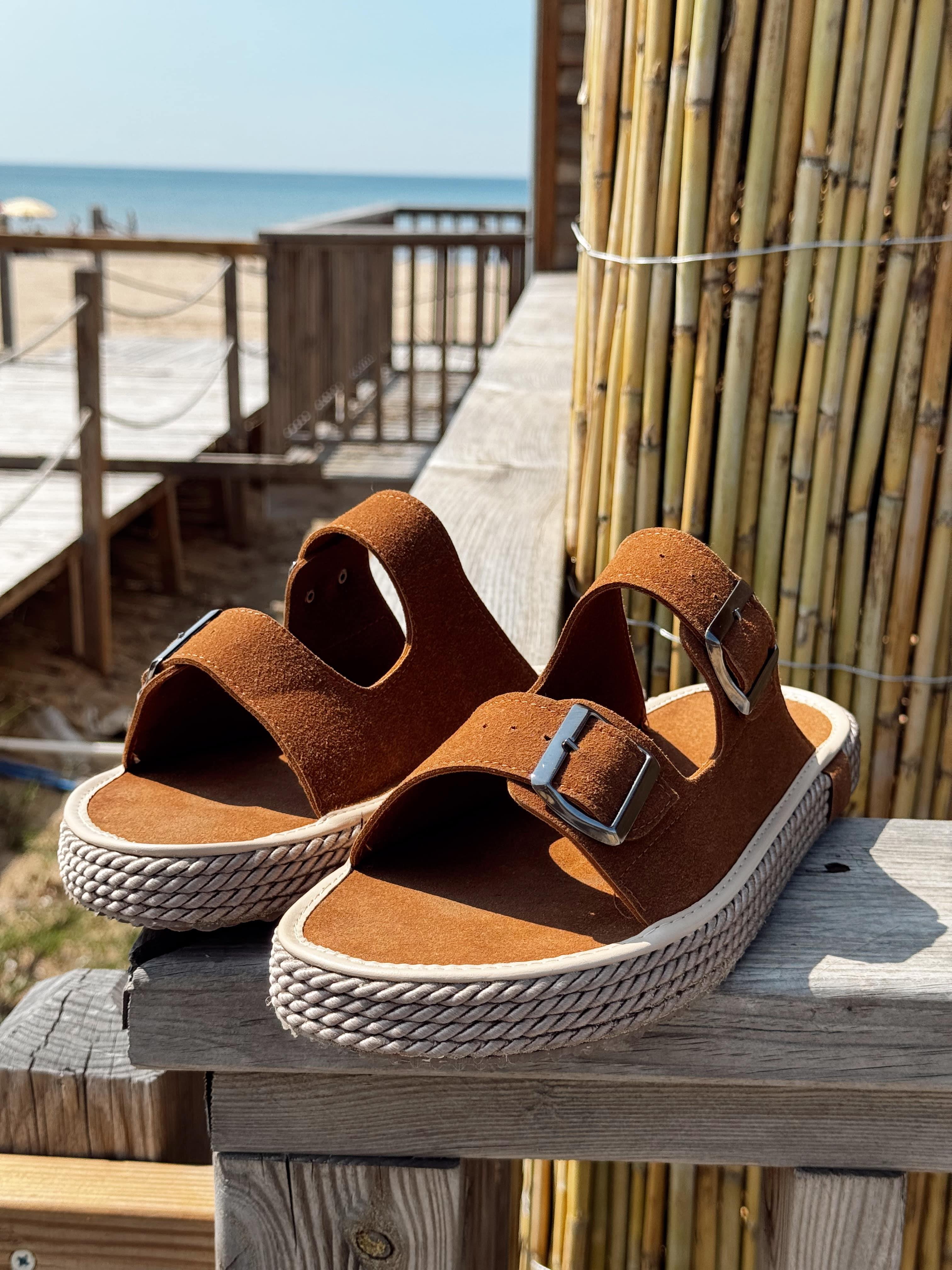 Erkek Premium Kalite Süet Deri Double Strap Leather Sandalet-Taba(E1358)Ketench