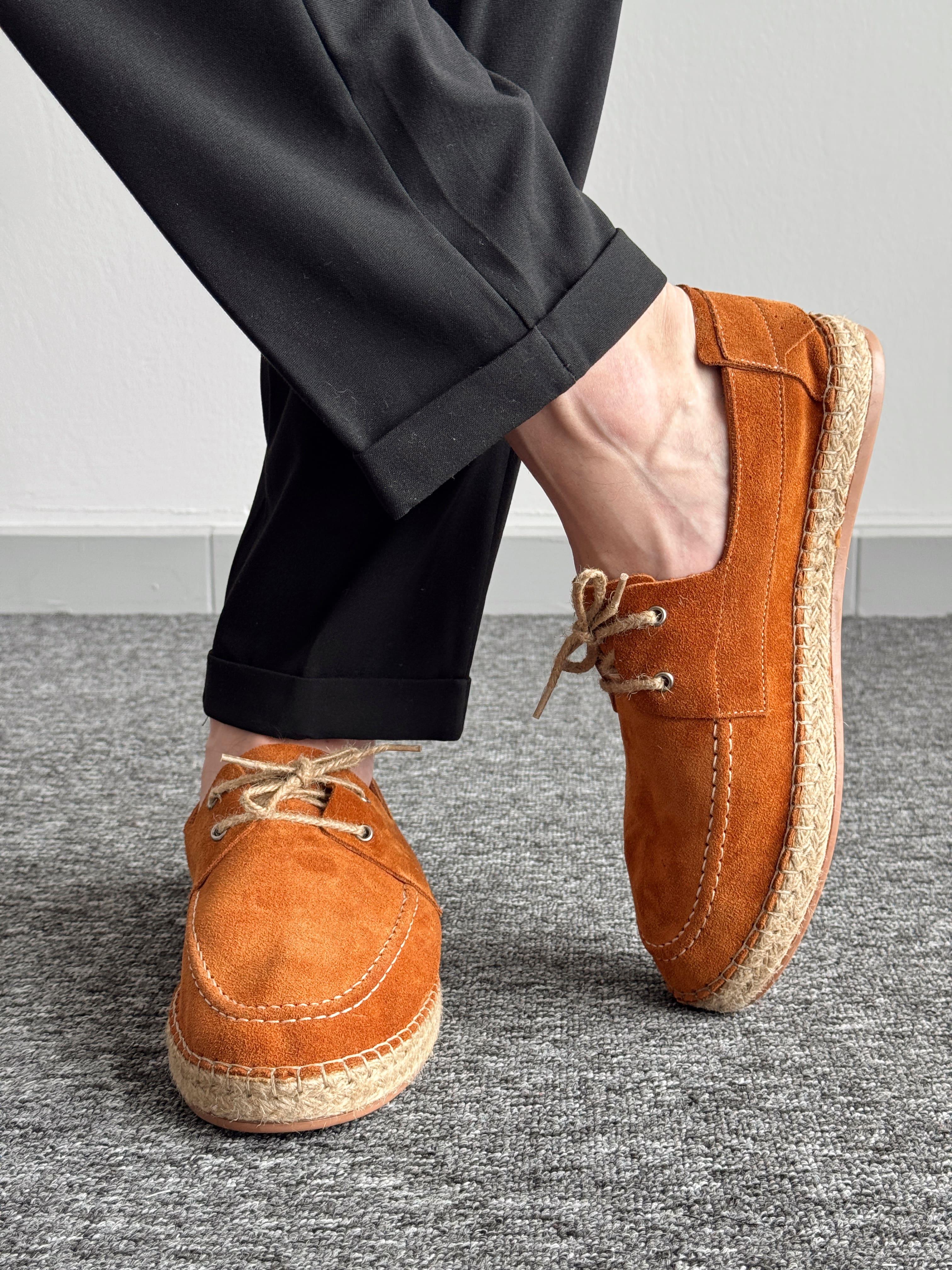 Erkek Premium Kalite Süet Deri Hasır Bağcık Detay Loafer Ayakkabı-Taba(E1346)Ketench