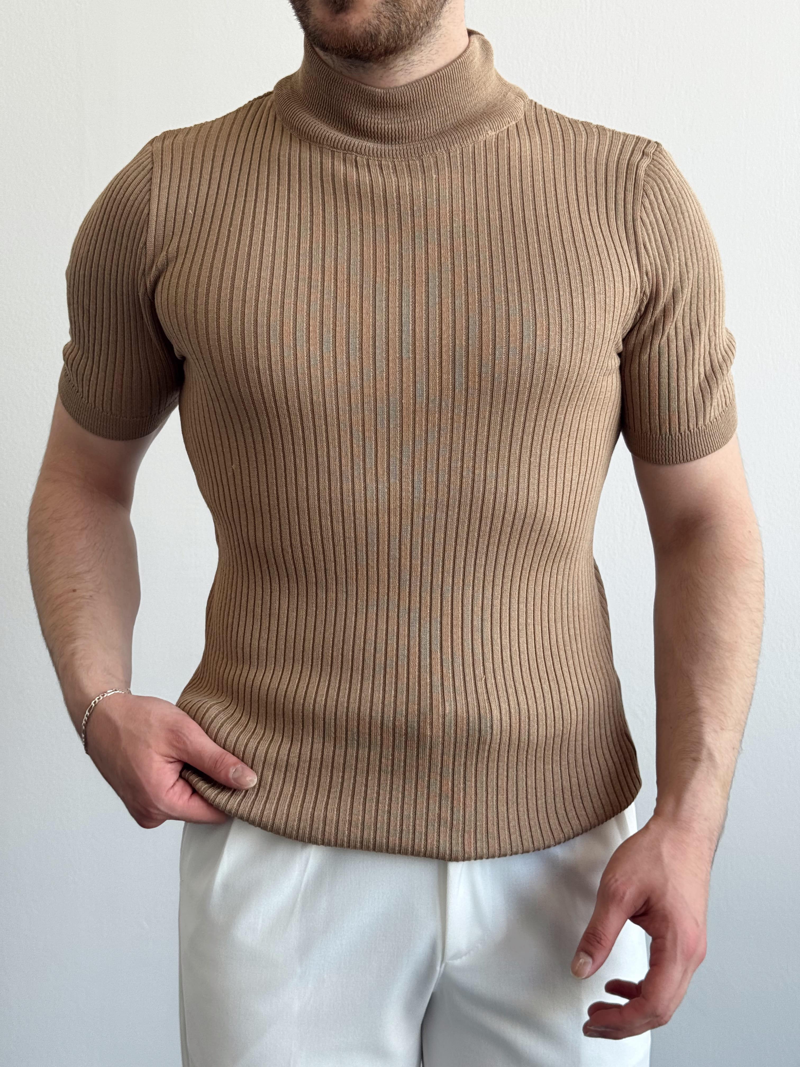 Erkek Premium Kalite Yaka Detay Slim Fit Triko T-Shirt-Toprak(E1426)Ketench