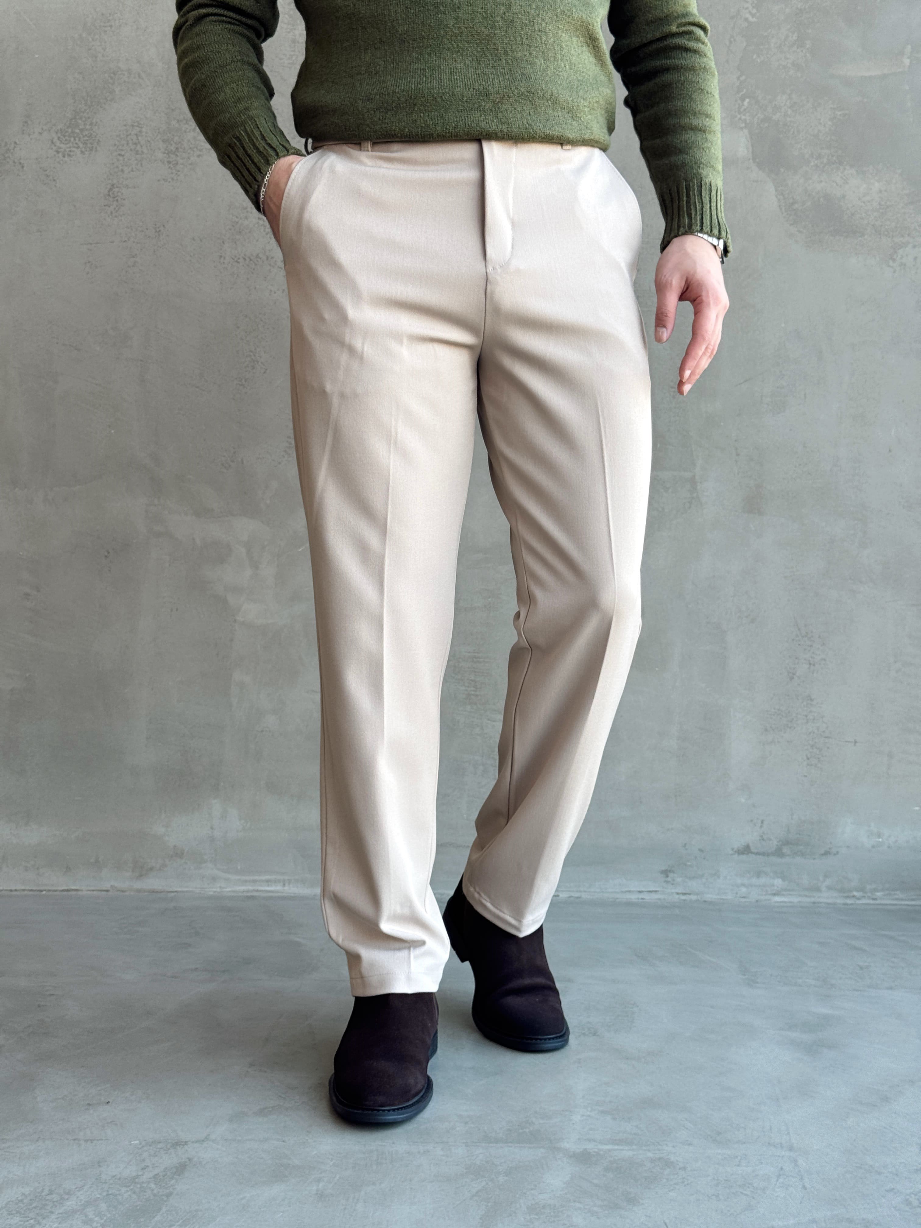Erkek Premium Yüksek Kalite Beli Ekstra Lastikli Düğme ve Kopça Detaylı Regular Kalıp Kışlık Gabardin Kumaş Pantolon-Bej(E1869)Ketench