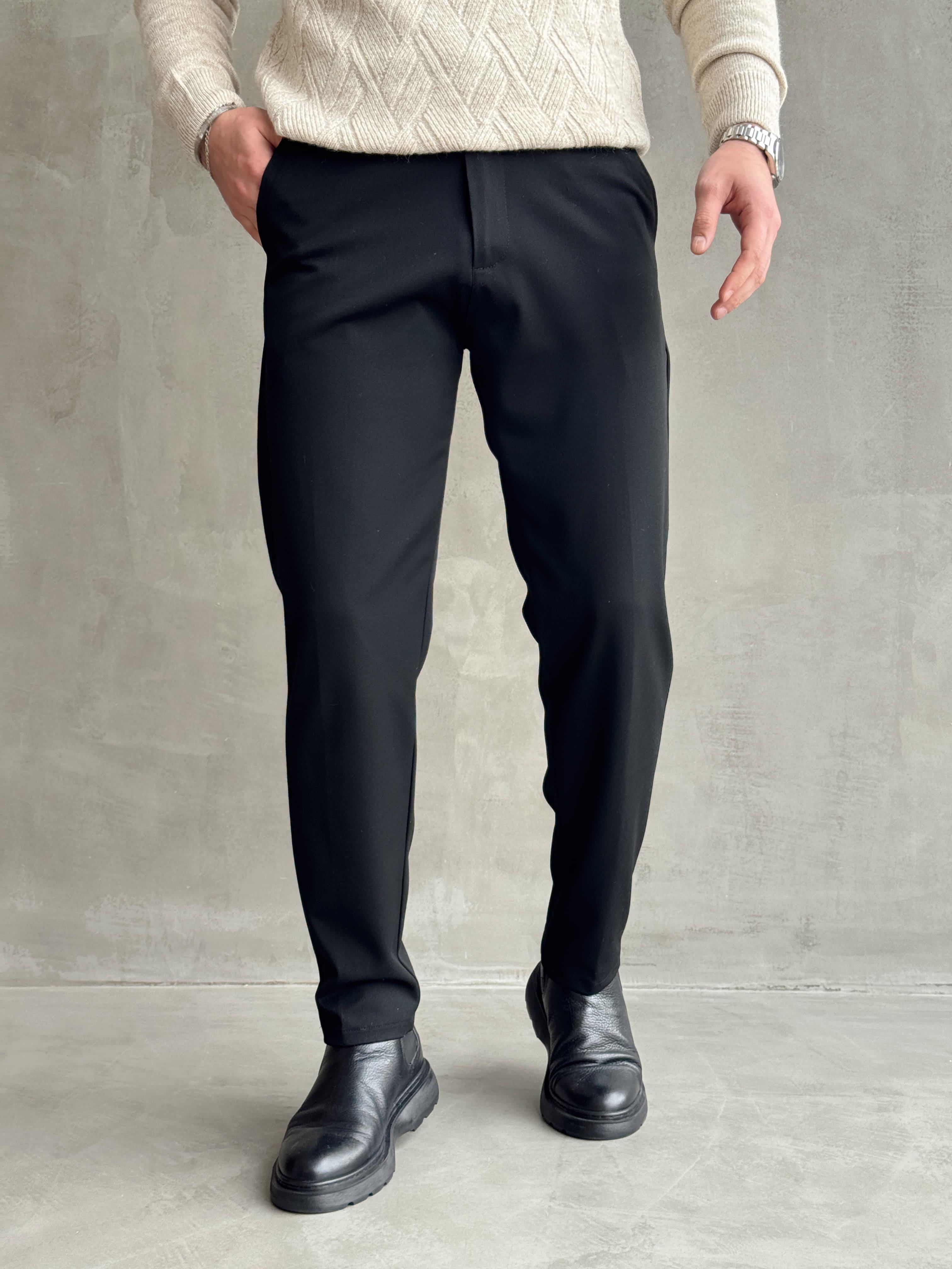 Erkek Premium Yüksek Kalite Beli Lastikli Düğme Ve Kopça Detaylı Regular Kalıp Kışlık Gabardin Kumaş Pantolon-Siyah(E1521)Ketench