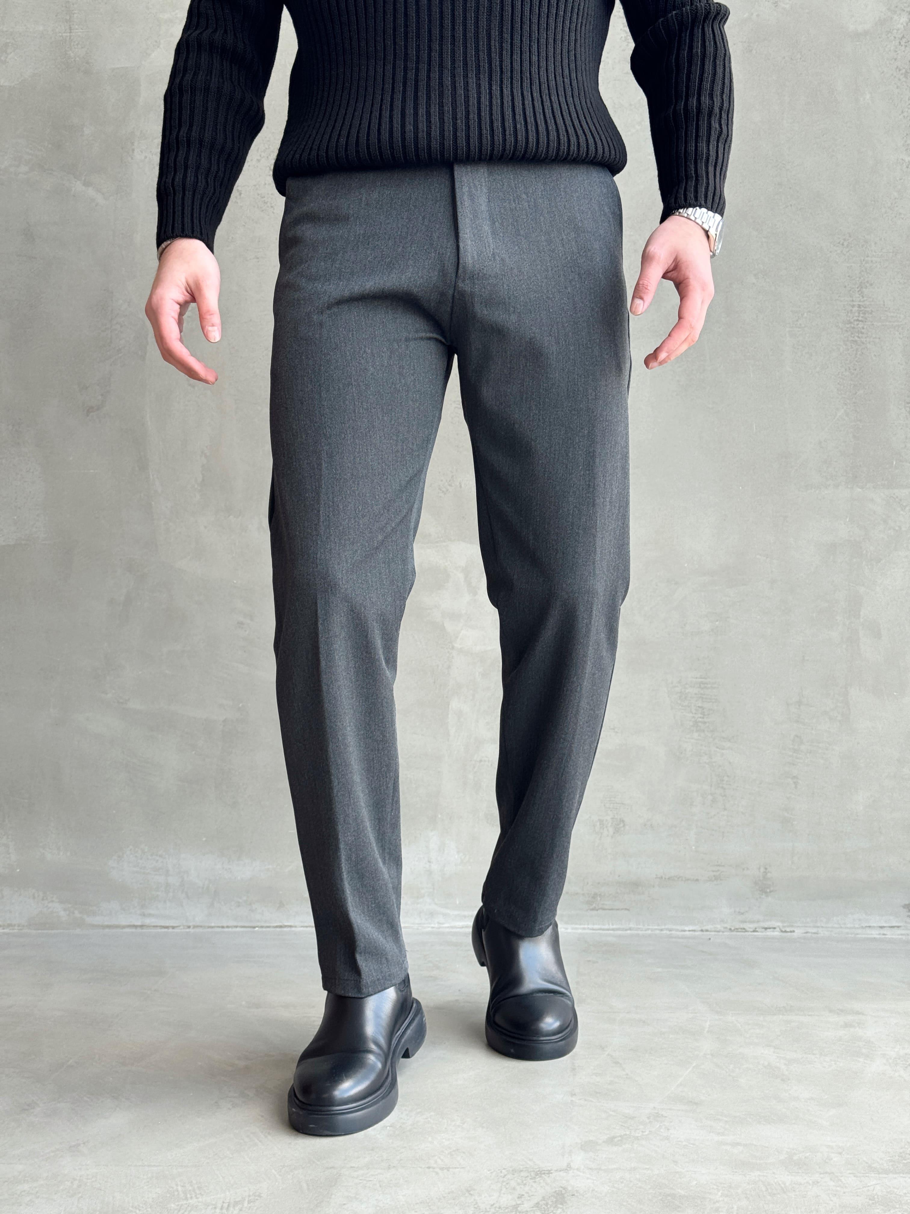 Erkek Premium Yüksek Kalite Beli Lastikli Düğme Ve Kopça Detaylı Regular Kalıp Kışlık Gabardin Kumaş Pantolon-Füme(E1521)Ketench