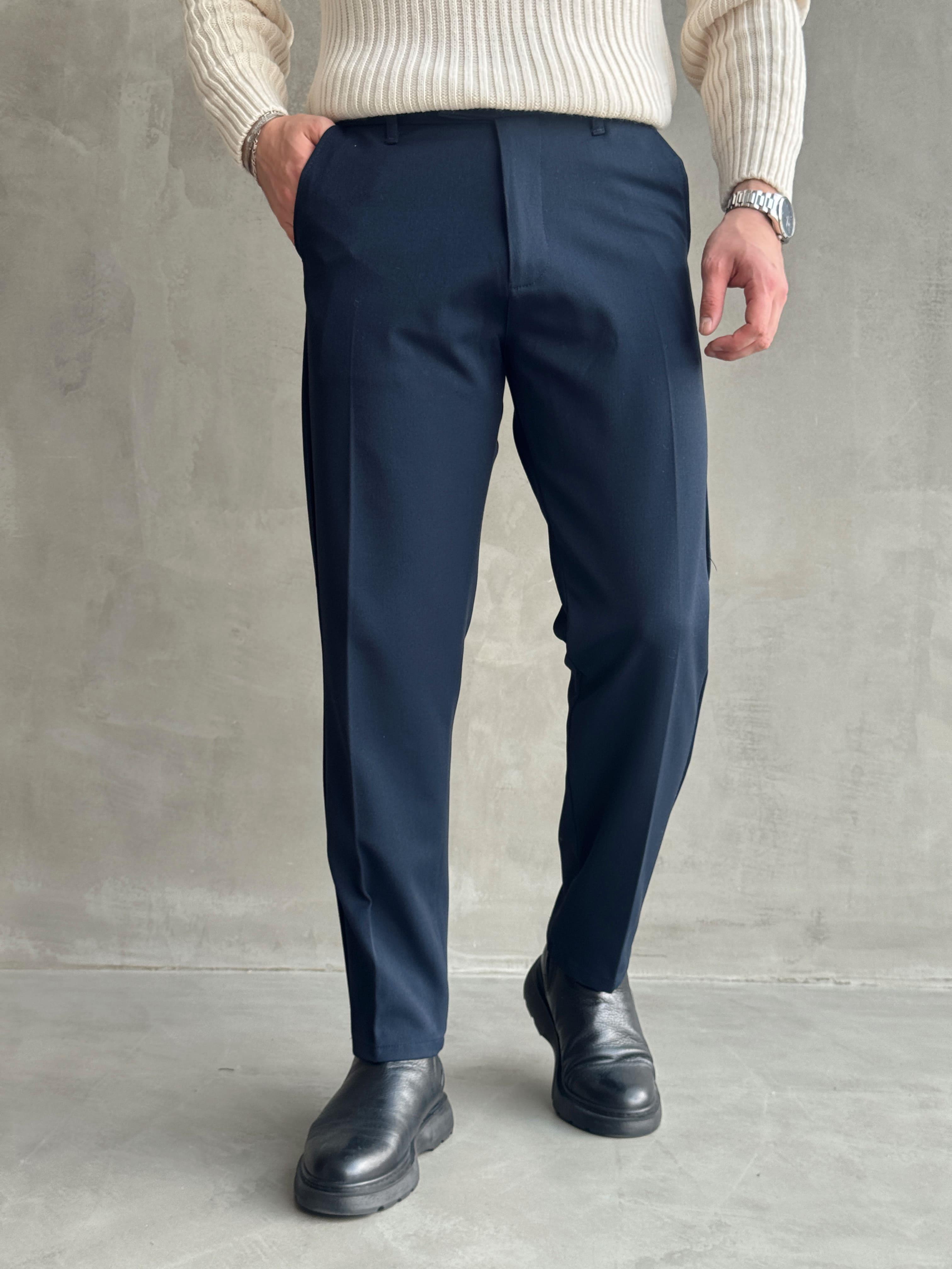 Erkek Premium Yüksek Kalite Beli Lastikli Düğme Ve Kopça Detaylı Regular Kalıp Kışlık Gabardin Kumaş Pantolon-Lacivert(E1521)Ketench