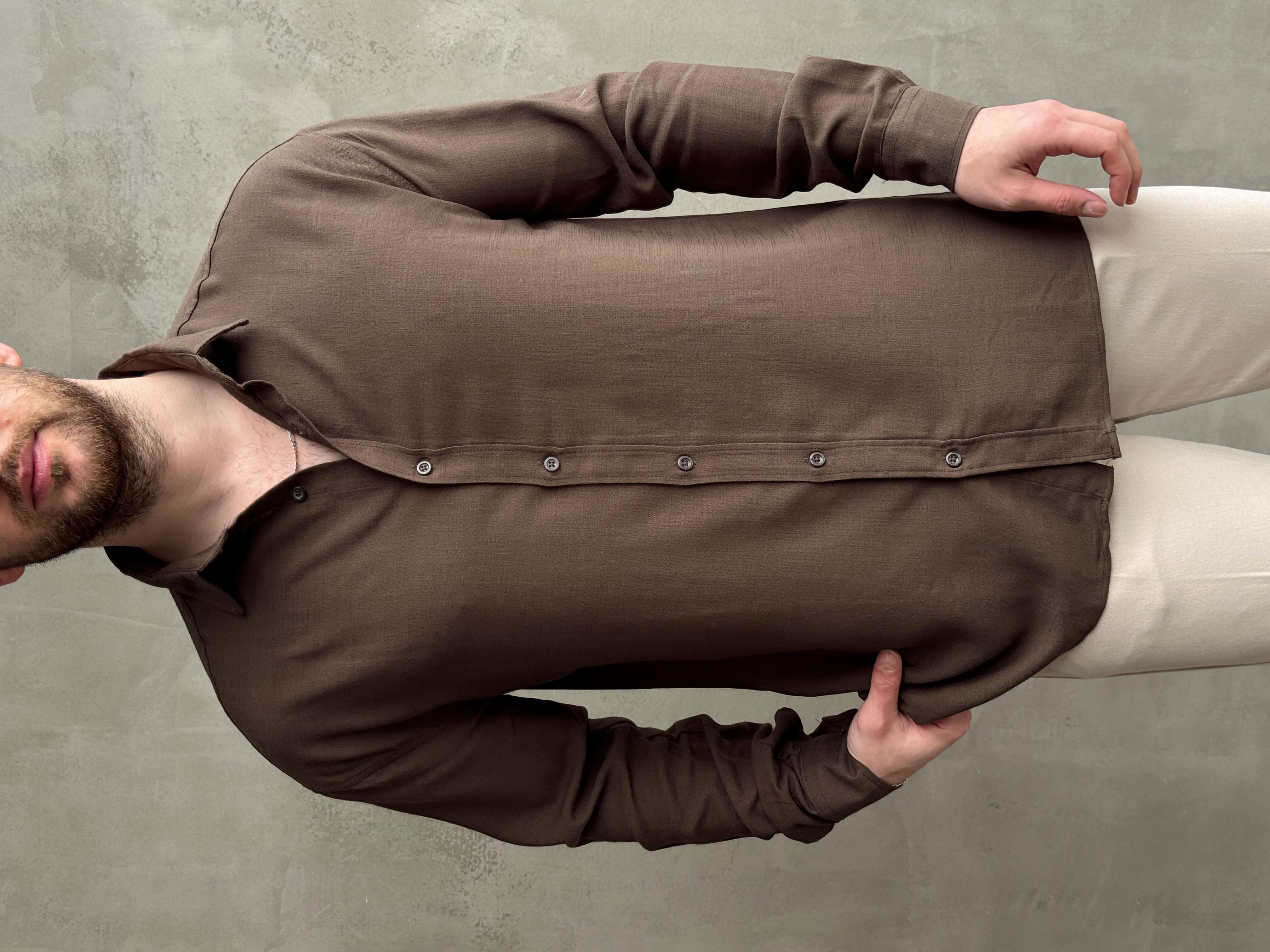 Erkek Premium Yüksek Kalite Oversize Kalıp Düz Model Gramajı Yüksek Keten Kumaş Gömlek-Kahverengi(E1692)Ketench