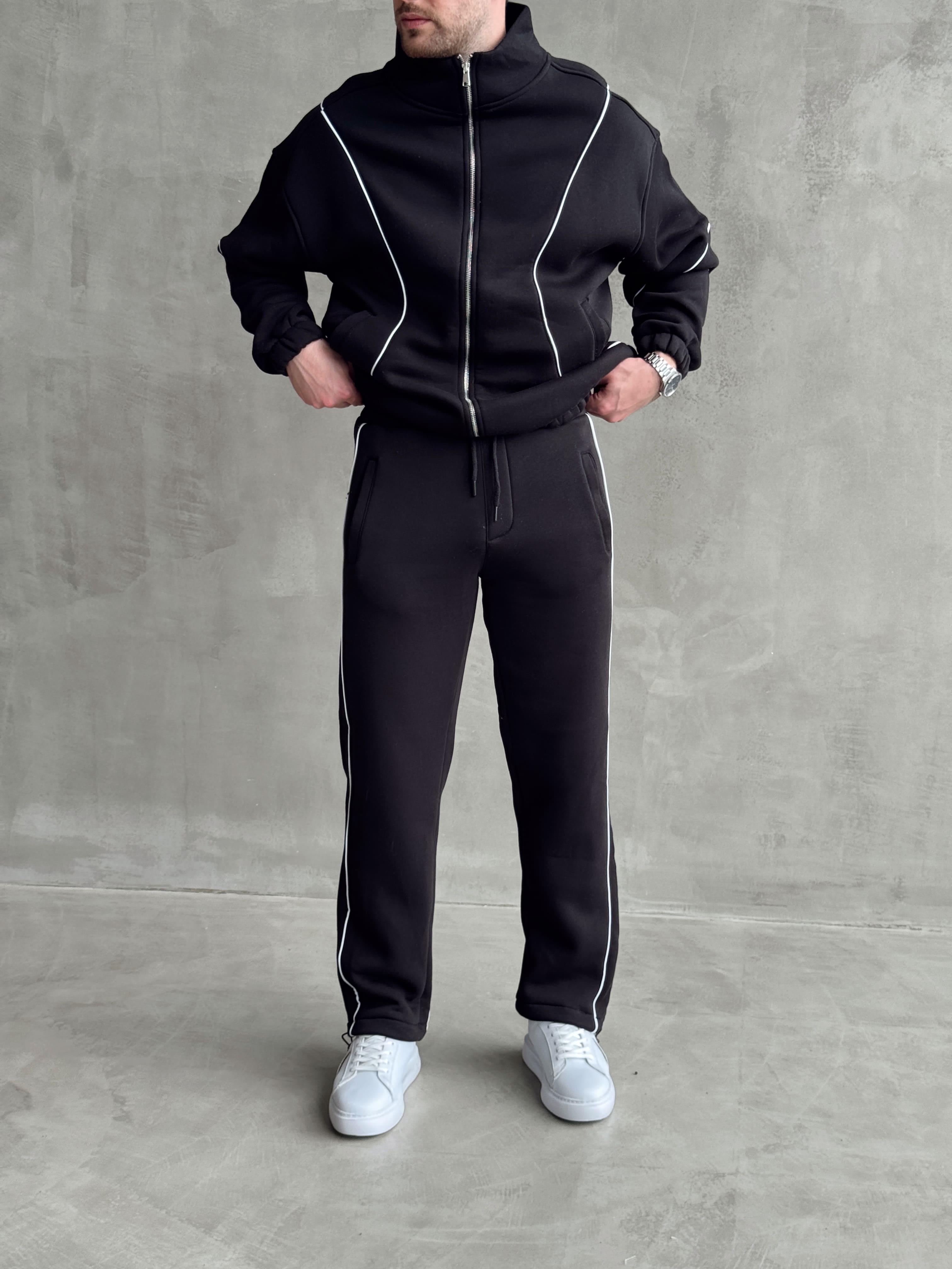 Erkek Premium Yüksek Kalite Oversize Kalıp Şardonlu Lastik Ribana 3 İplik Sweat Eşofman Takım-Siyah(E1474)Ketench