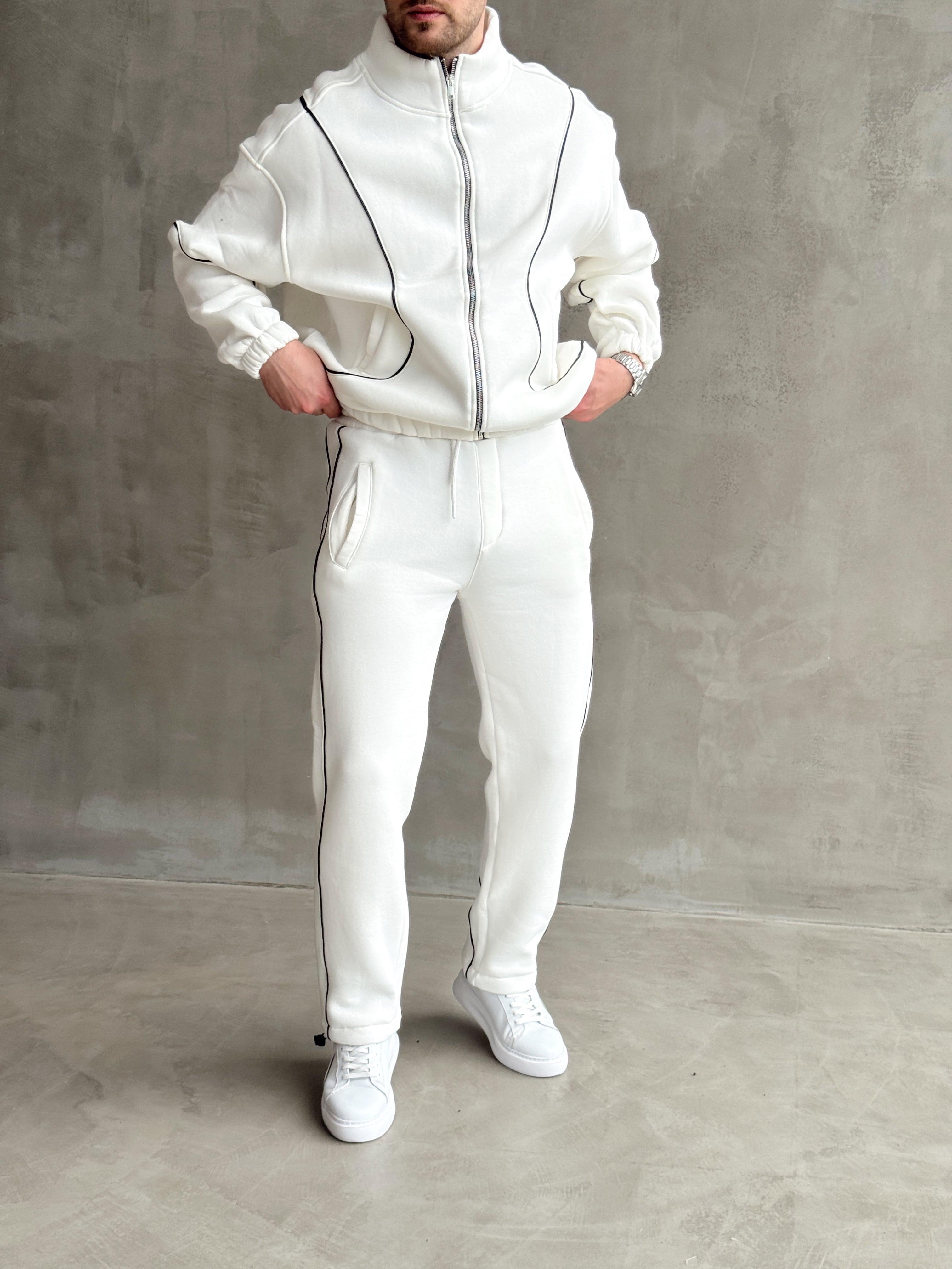 Erkek Premium Yüksek Kalite Oversize Kalıp Şardonlu Lastik Ribana 3 İplik Sweat Eşofman Takım-Beyaz(E1474)Ketench