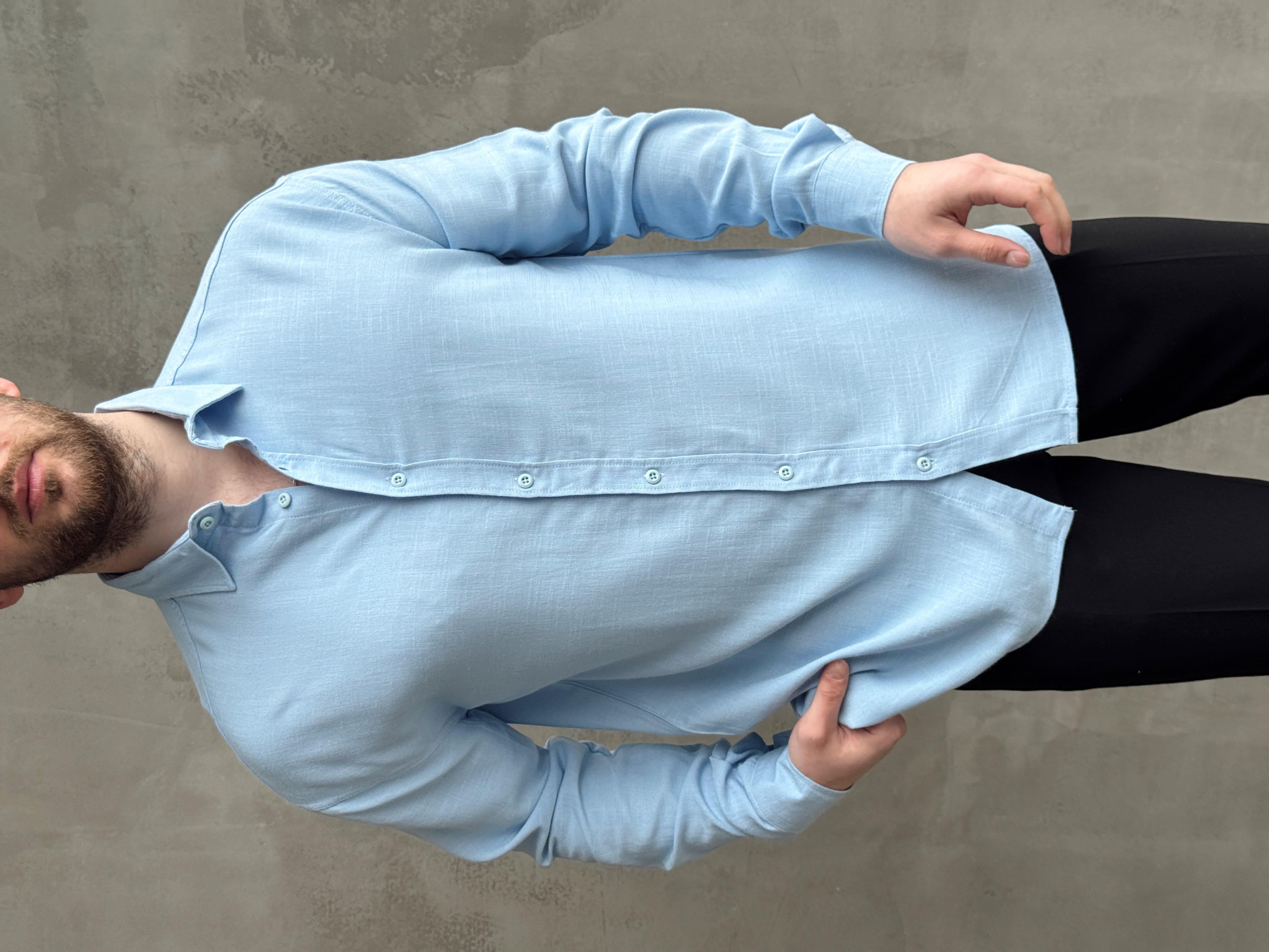 Erkek Premium Yüksek Kalite Oversize Kalıp Düz Model Gramajı Yüksek Keten Kumaş Gömlek-Bebe Mavi(E1692)Ketench