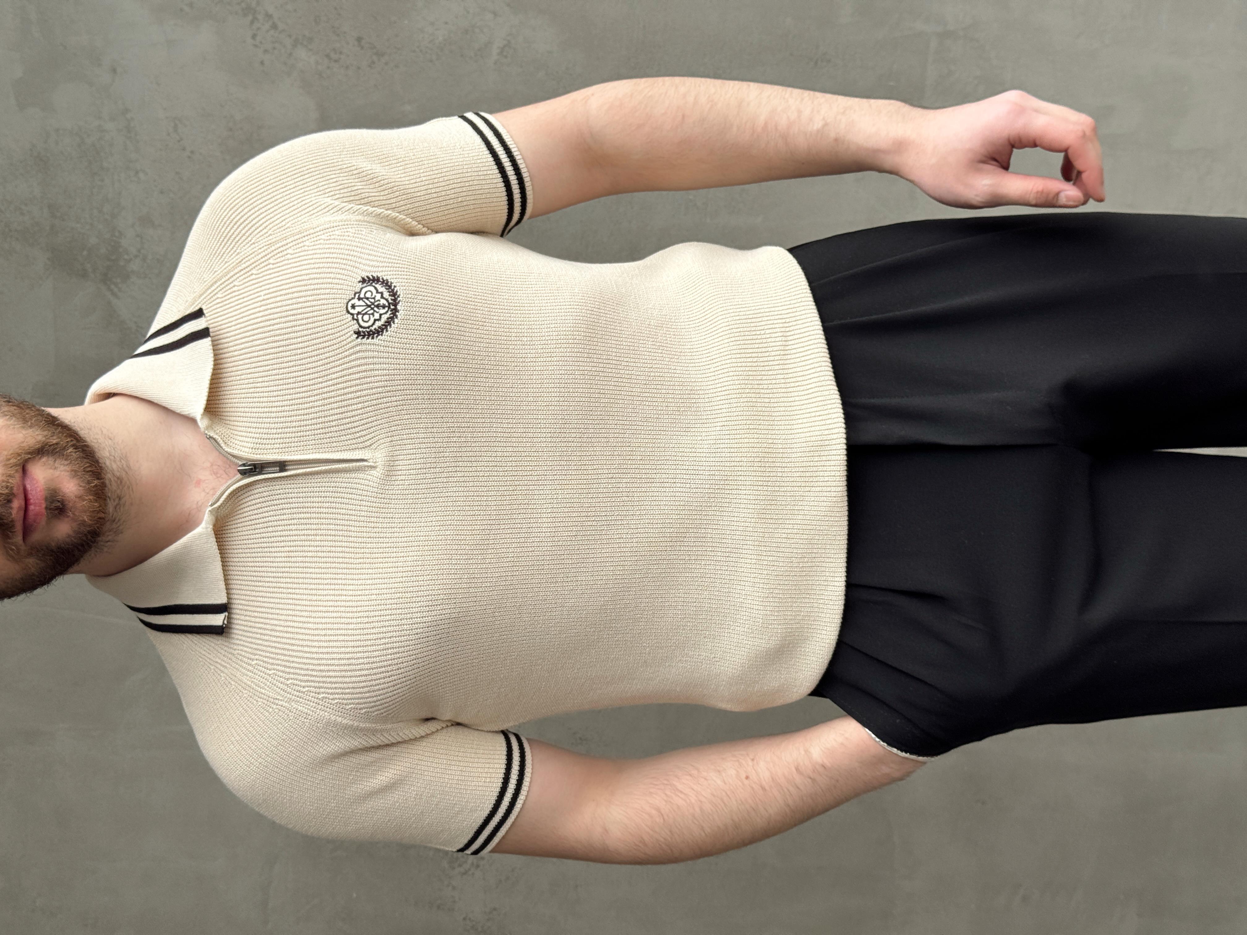 Erkek Premium Yüksek Kalite Regular Kalıp Fermuar Detaylı Nakışlı Triko T-Shirt-Bej(E1669)Ketench
