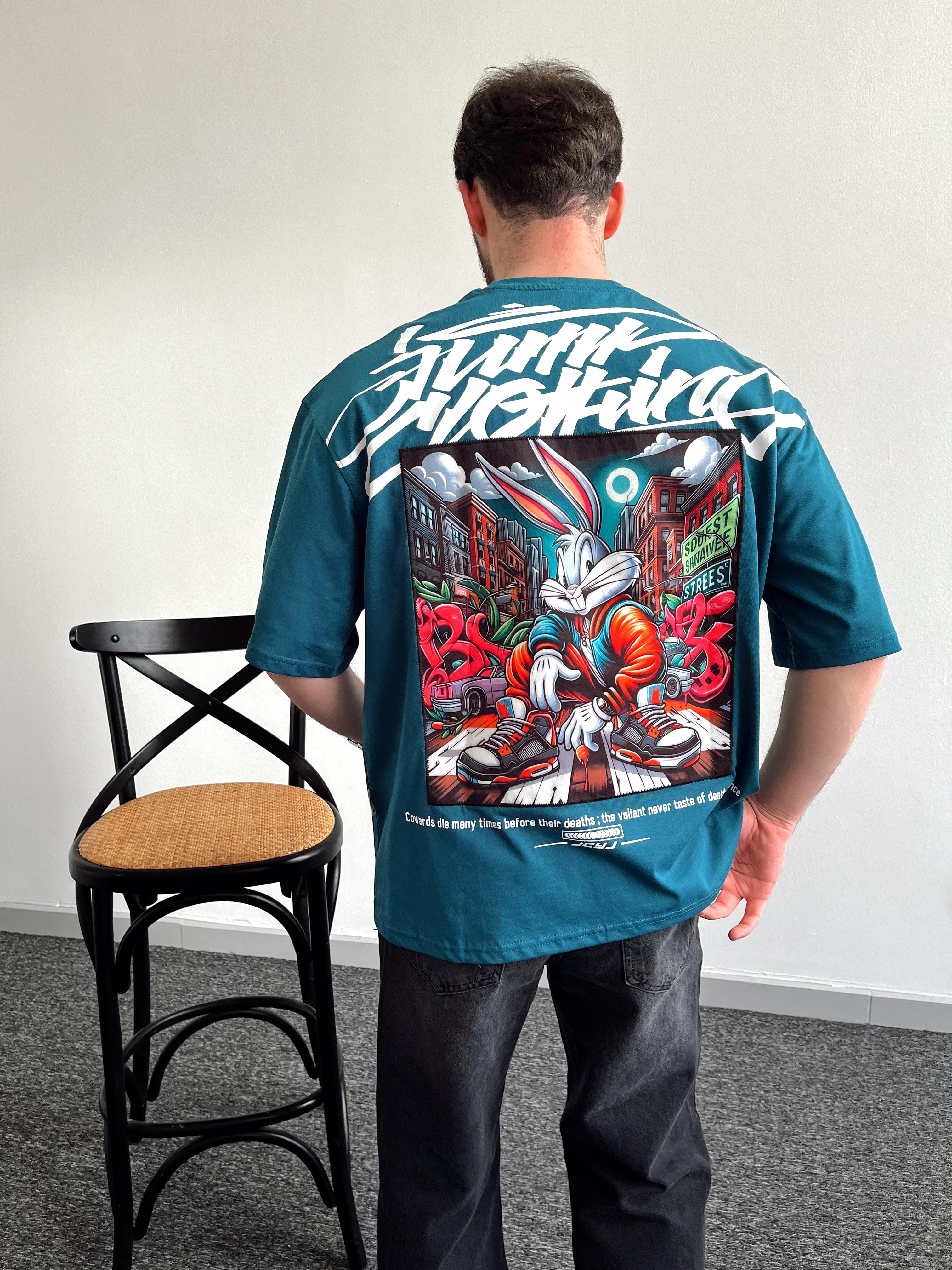 Erkek Sırt Rabbit Baskılı Yüksek Kalite Oversize T-Shirt-Petrol(E1013)Ketench