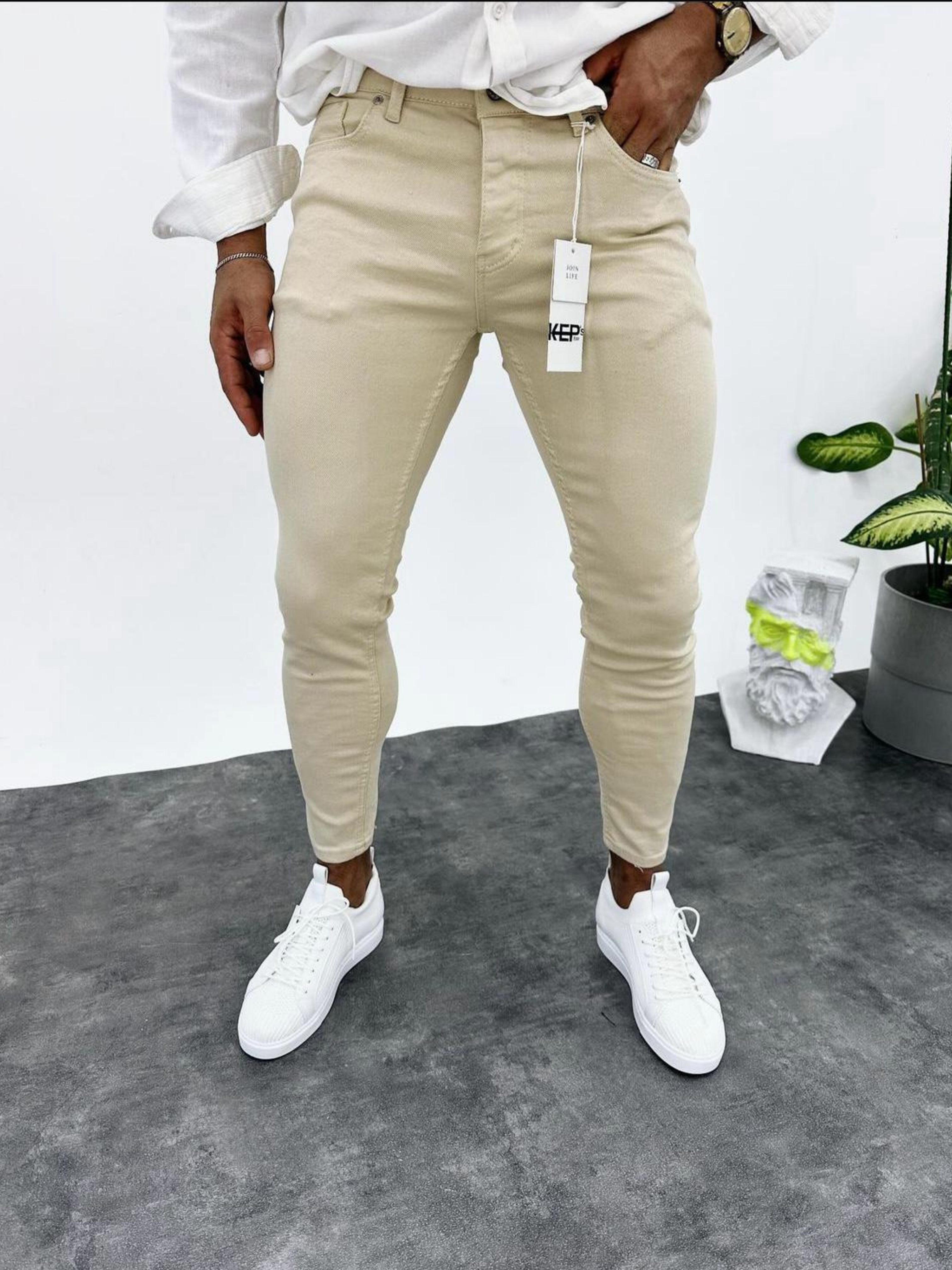Erkek Slim Fit Likralı  Kot Pantolon Jeans-Kemik(E1003)Ketench