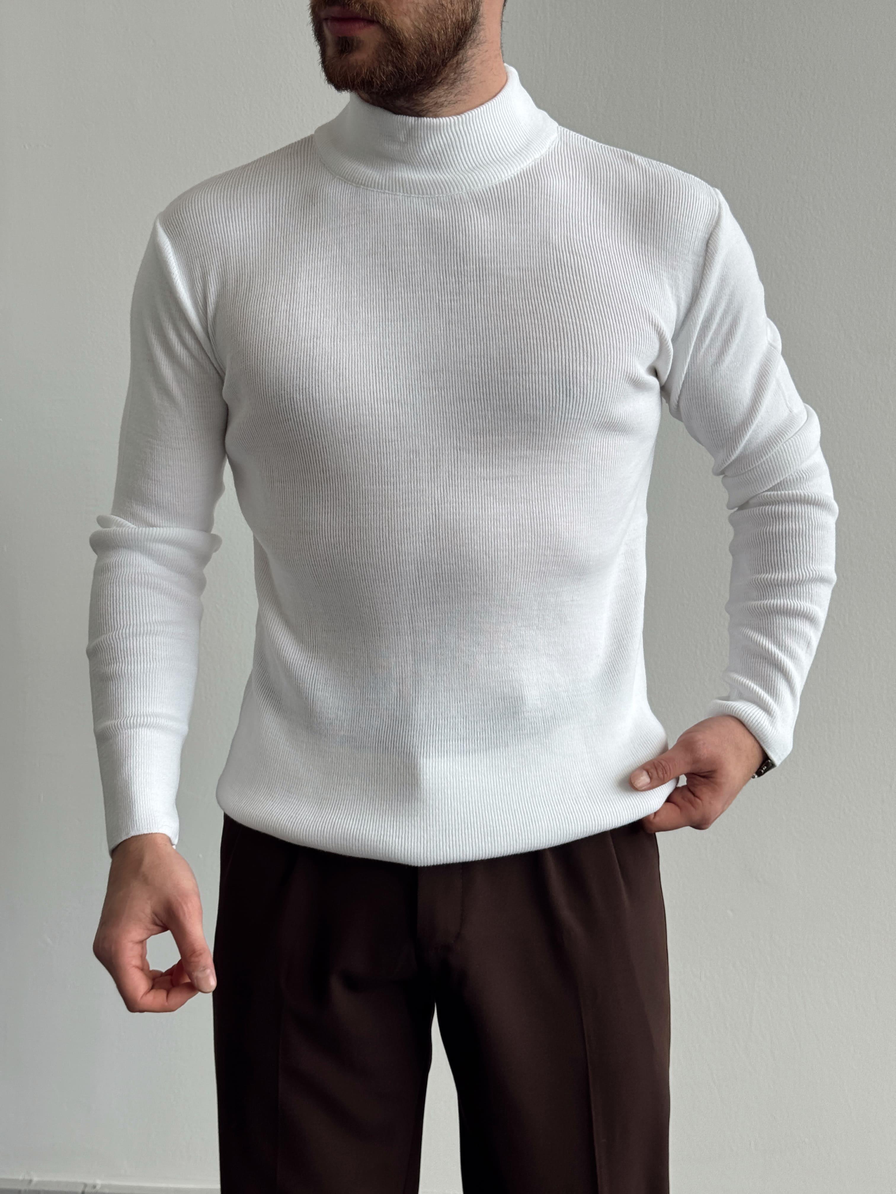 Erkek Standart Fit Normal Kesim Yarım Balıkçı Yaka Triko Kazak-Beyaz(E1188)Ketench