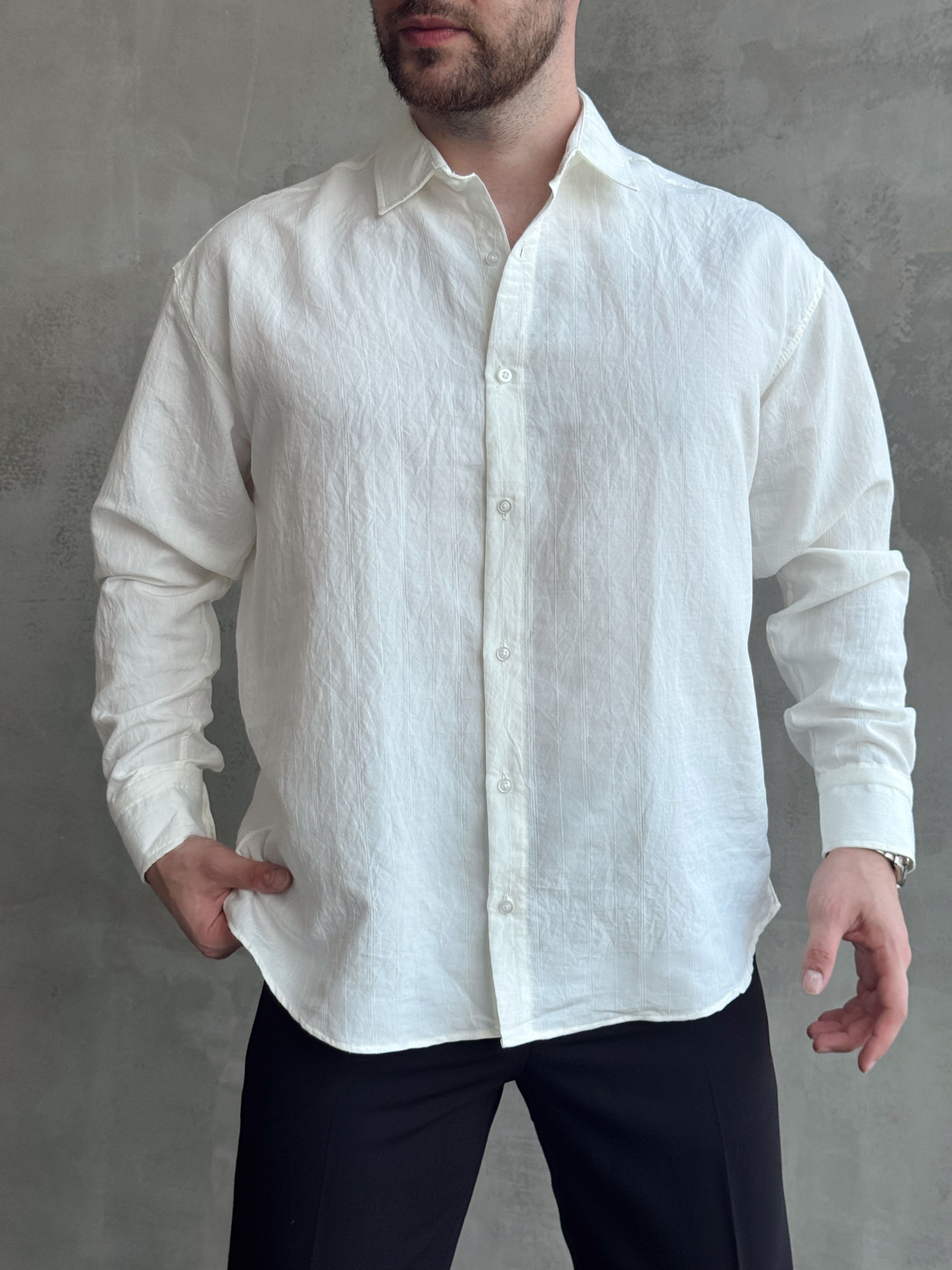 Erkek Trend Model Oversize Kalıp Kendiliğinden Çizgi Detaylı Gömlek-Beyaz(E1786)Ketench