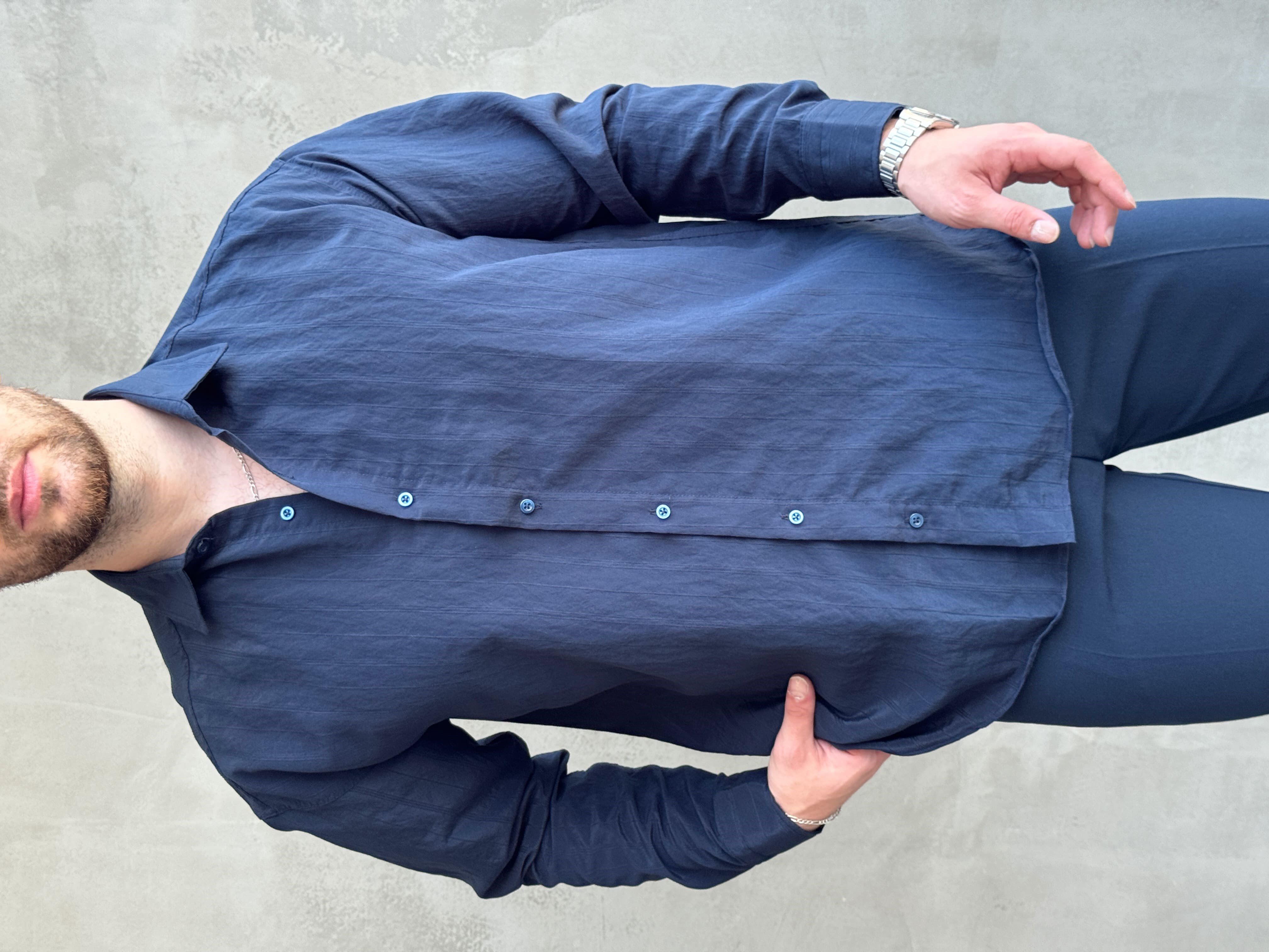 Erkek Trend Model Oversize Kalıp Kendiliğinden Çizgi Detaylı Gömlek-Lacivert(E1786)Ketench