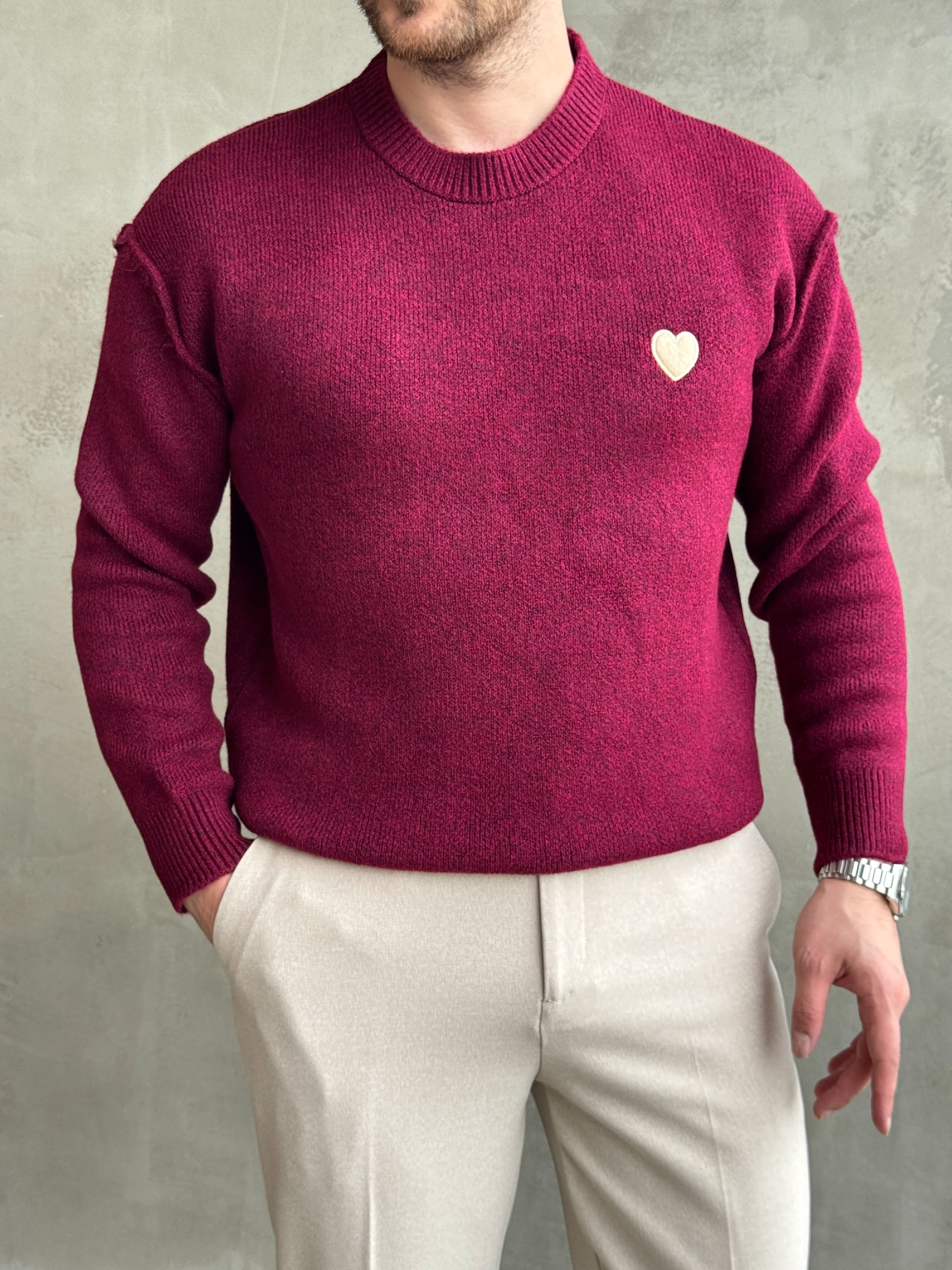 Erkek Trend Model Oversize Kalıp Pis Dikişli Kalp Nakışlı Triko Kazak-Bordo(E1851)Ketench
