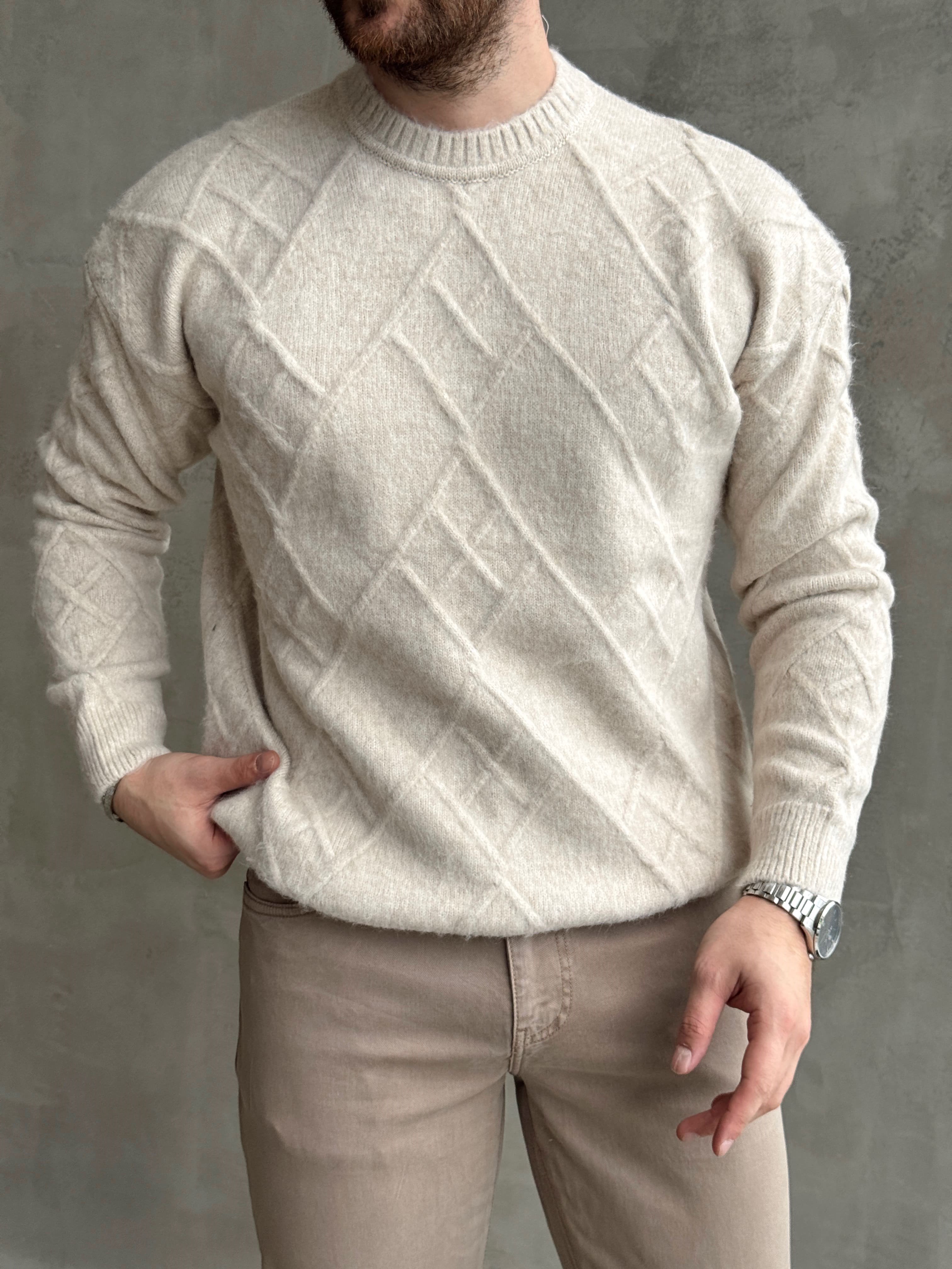 Erkek Trend Model Regular Kalıp Bisiklet Yaka Desenli Triko Kazak-Taş(E1866)Ketench