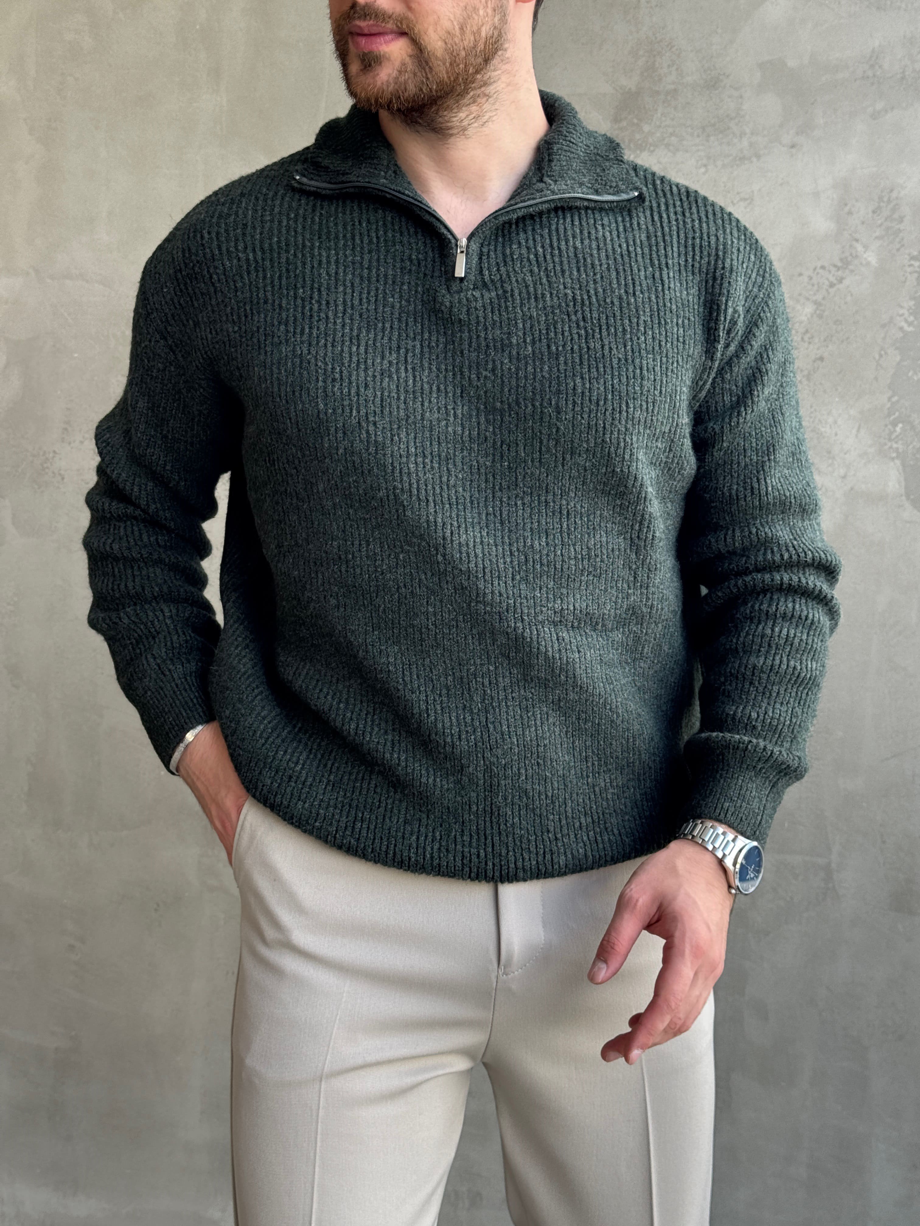Erkek Trend Model Regular Kalıp Dik Yaka Yarım Fermuarlı Brazilian Örme Triko Kazak-Nefti(E1865)Ketench