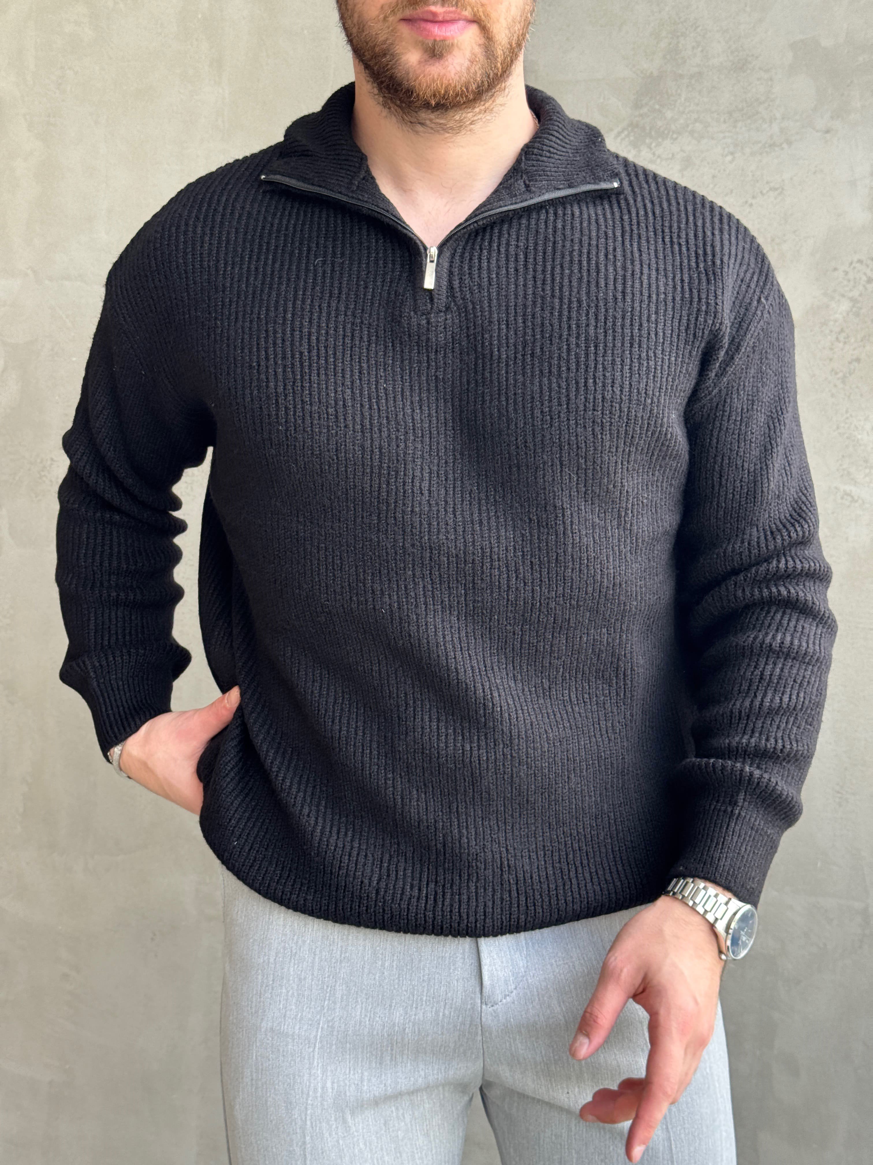 Erkek Trend Model Regular Kalıp Dik Yaka Yarım Fermuarlı Brazilian Örme Triko Kazak-Siyah(E1865)Ketench