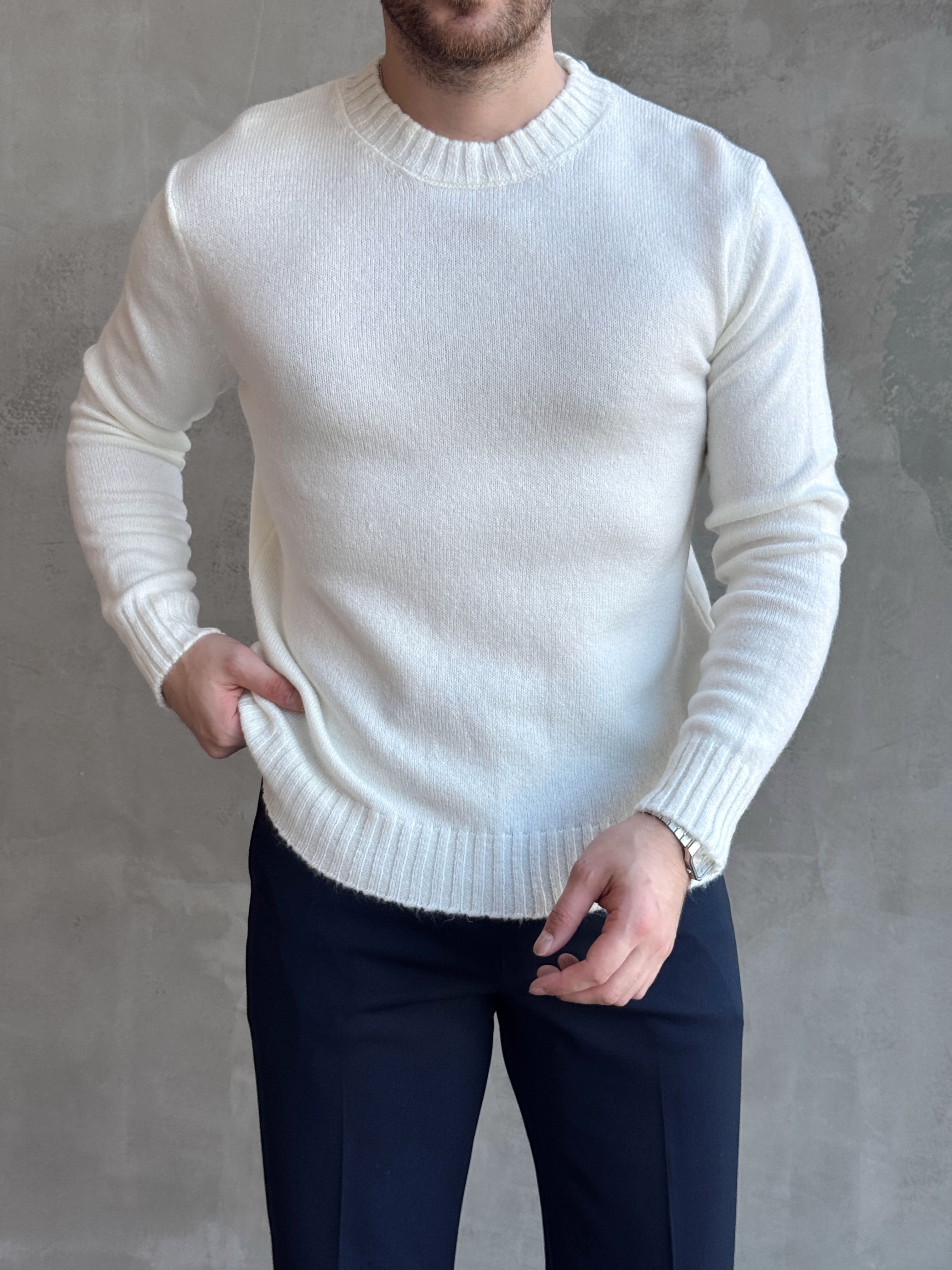 Erkek Trend Model Regular Kalıp Ribana Detaylı Bisiklet Yaka %50 Yün Triko Kazak-Ekru(E1871)Ketench
