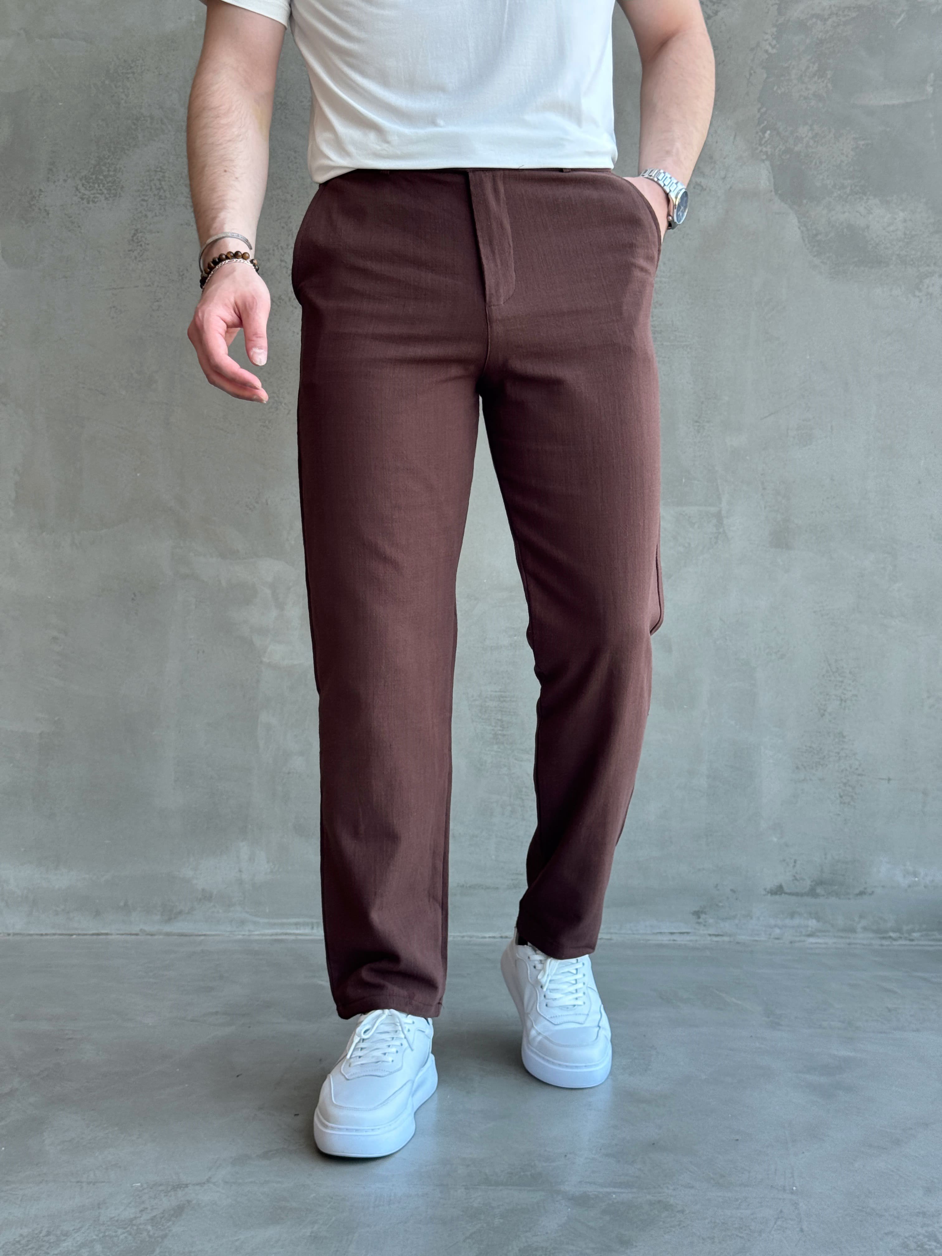 Erkek Trend Model Tercih Edilen Regular Kalıp Kopçalı Keten Kumaş Pantolon-Kahverengi(E1742)Ketench