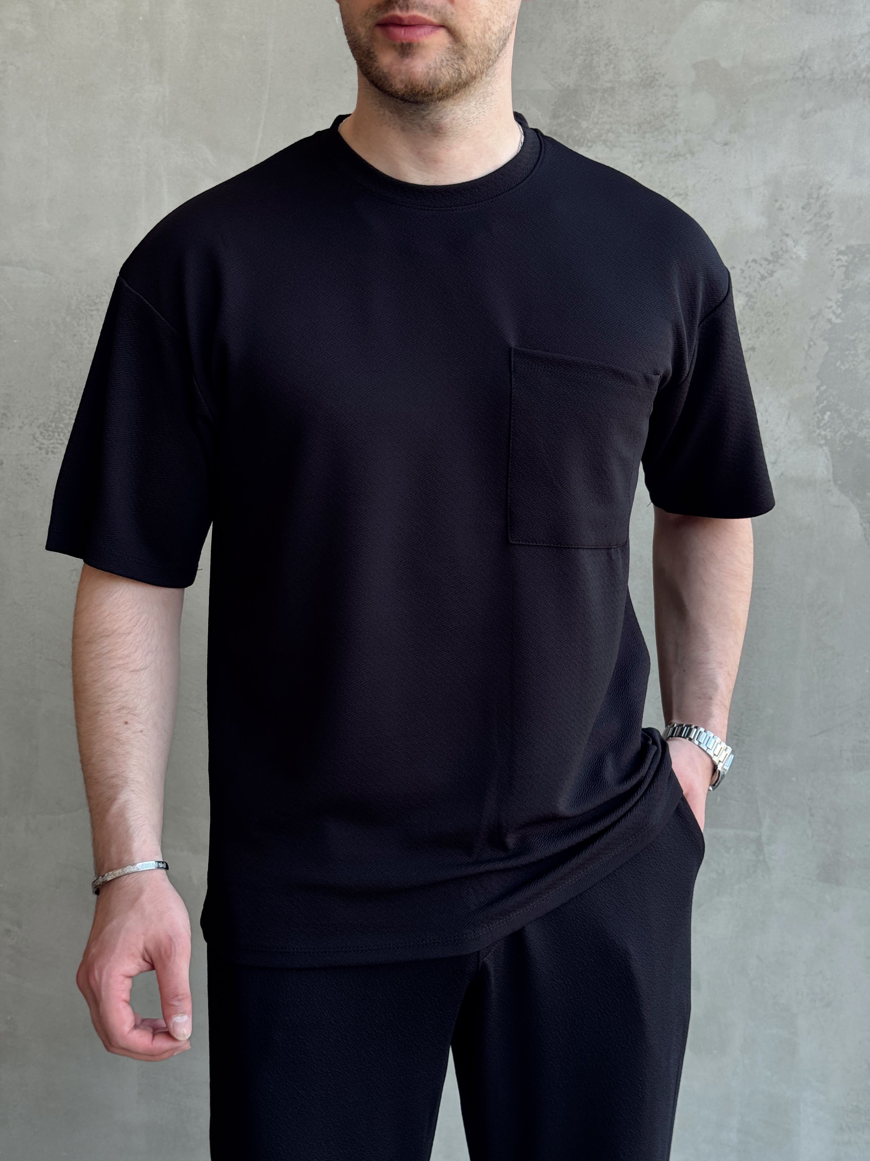 Erkek Trend Oversize Kalıp Cep Detaylı T-Shirt-Siyah(E1760)Ketench