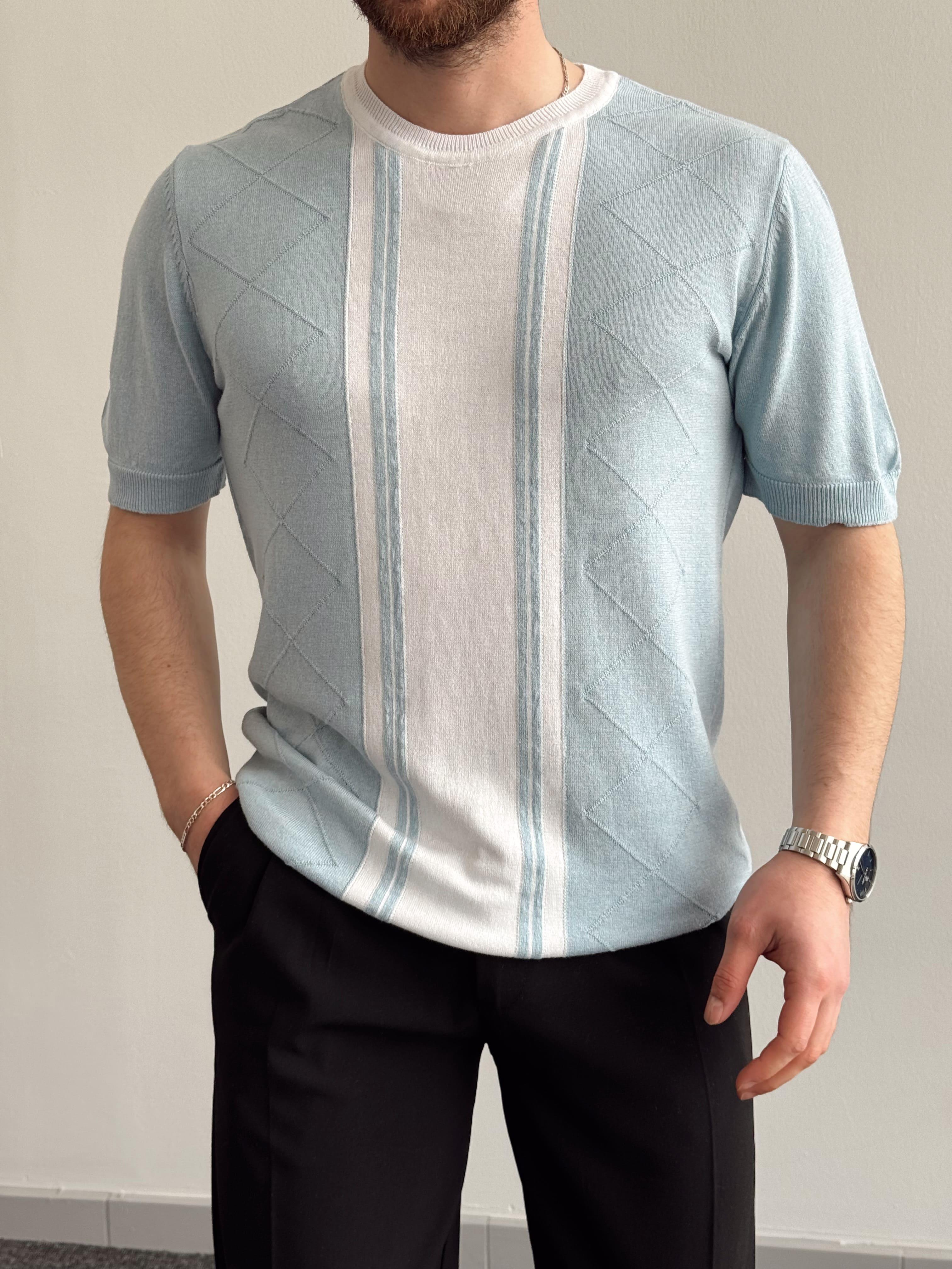 Erkek Yalnızca Davetlilere Açık Oversize Kalıp Bisiklet Yaka Desenli Triko T-Shirt-Bebe Mavi(E1374)Ketench