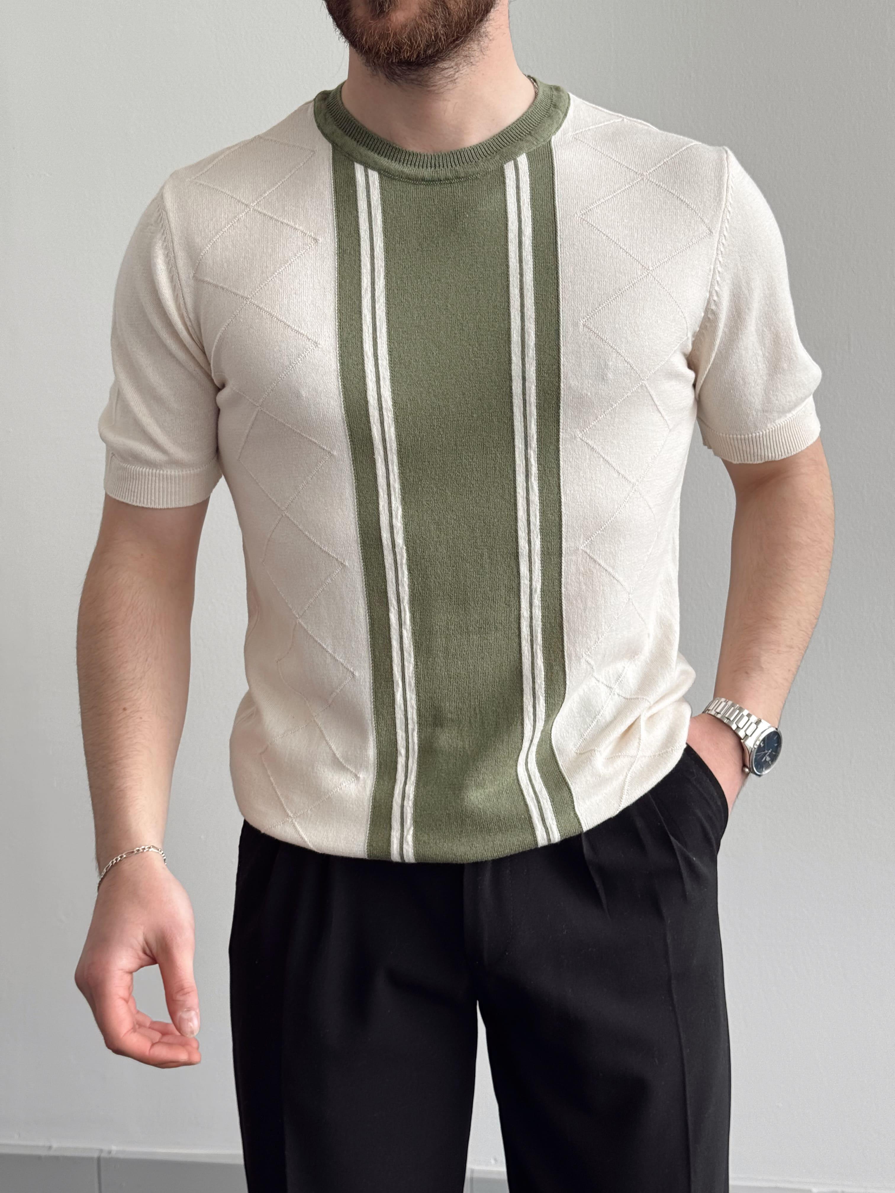 Erkek Yalnızca Davetlilere Açık Oversize Kalıp Bisiklet Yaka Desenli Triko T-Shirt-Bej(E1374)Ketench