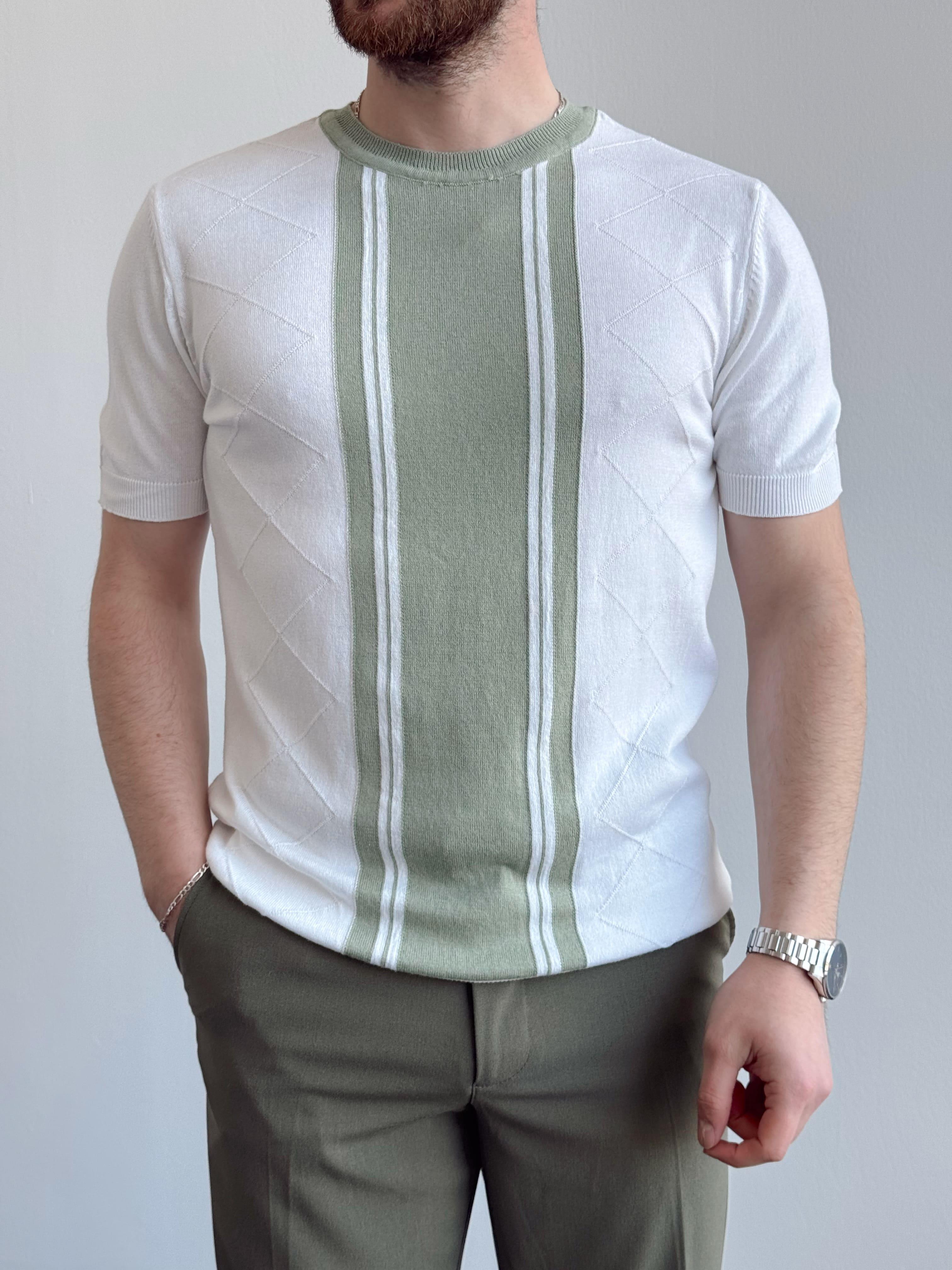 Erkek Yalnızca Davetlilere Açık Oversize Kalıp Bisiklet Yaka Desenli Triko T-Shirt-Beyaz/Yeşil(E1374)Ketench